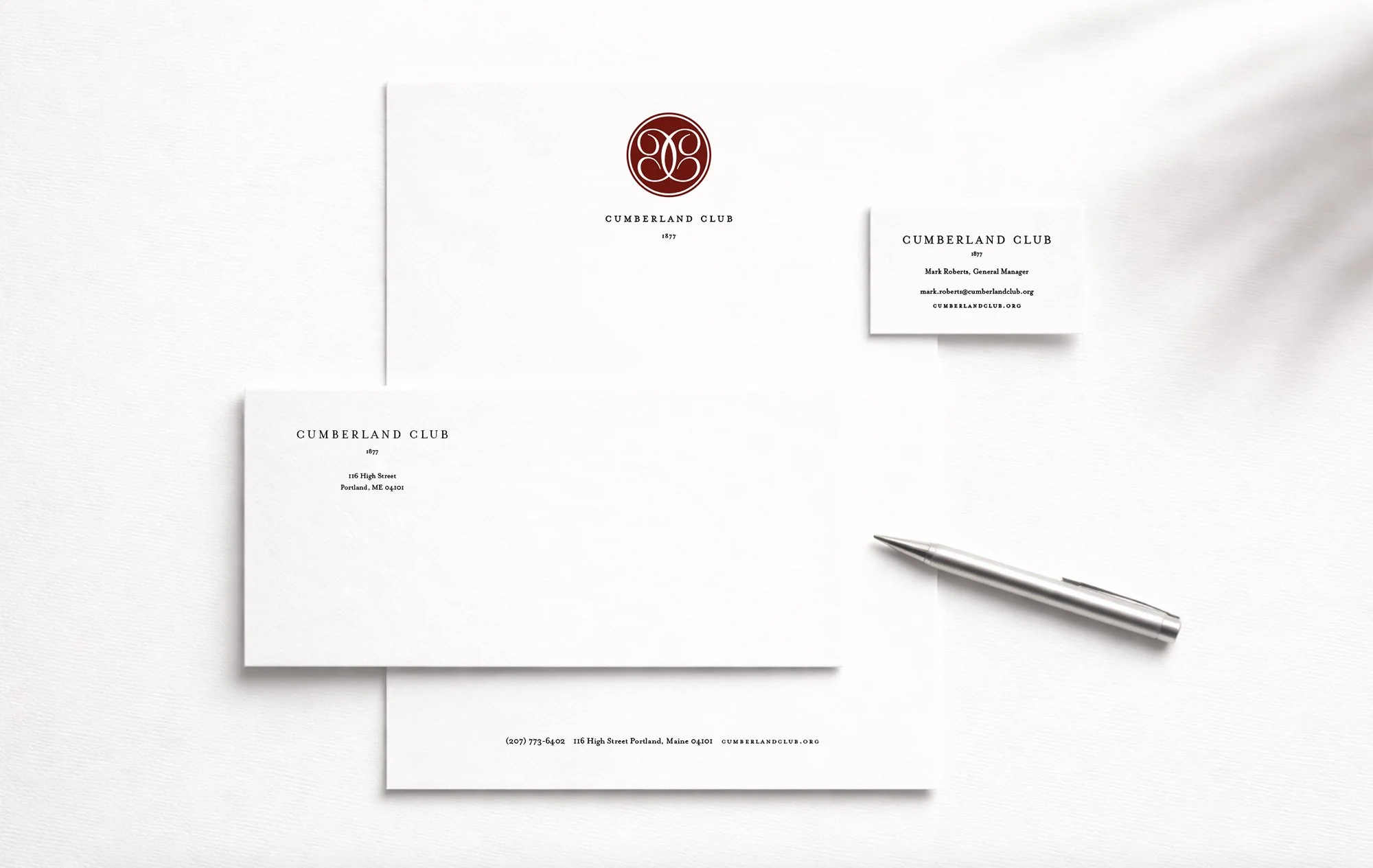 Cumberland Club stationery system including letterhead, envelope, and business cards