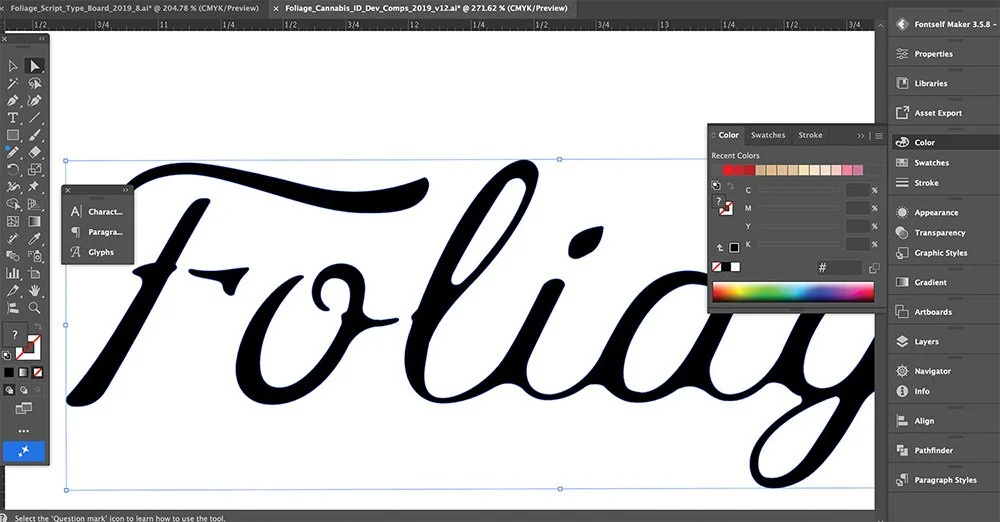 Refining custom logo lettering in Adobe Illustrator, translating hand-drawn concepts into a precise typographic system