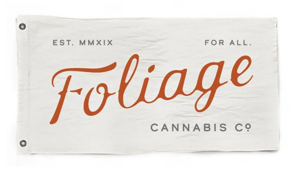 Flags, pennants and sticker design for Foliage Cannabis Co. handmade brand identity by Murphy Empire
