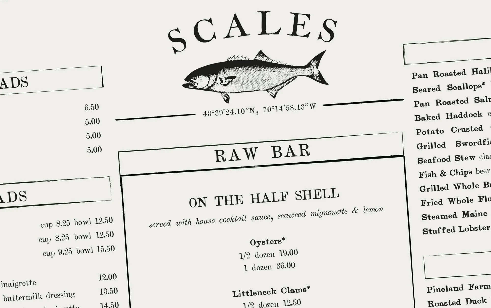 Scales Restaurant menu design with editorial typography and structured layout inspired by coastal dining.