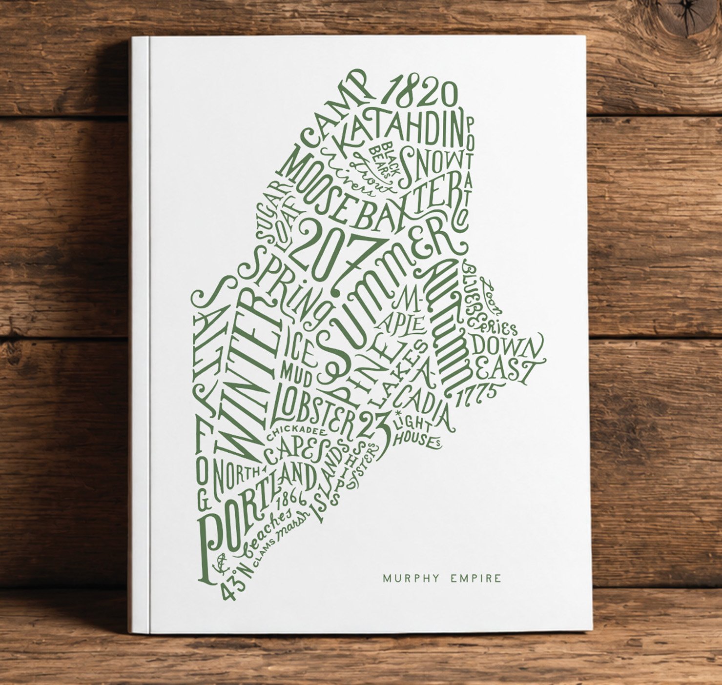 Maine destinations handmade type map booklet cover design by Ken Murphy