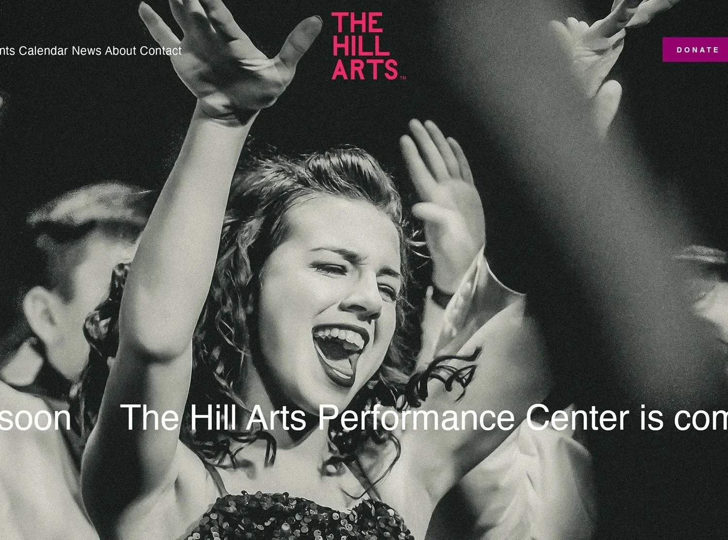 The Hill Arts performance identity featuring expressive typographic system and cultural programming visuals.