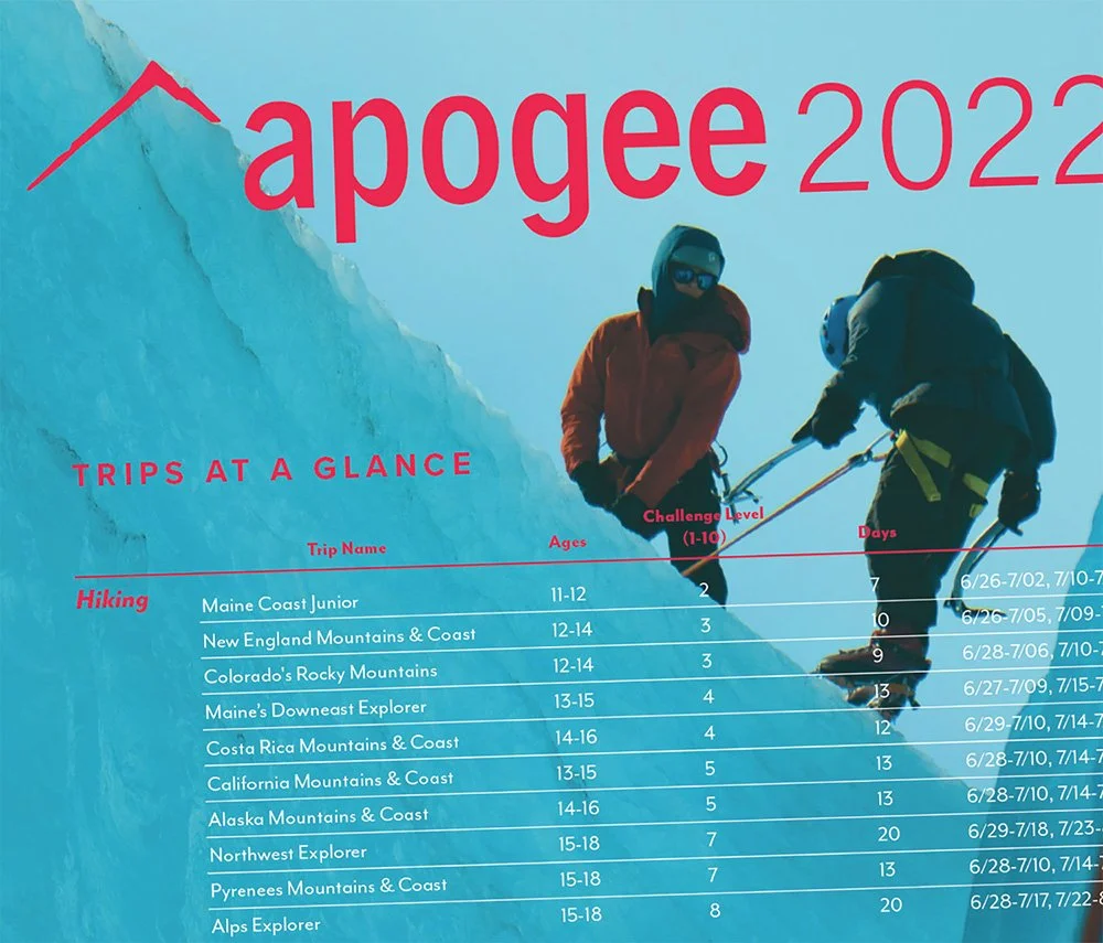 Comprehensive visual identity assets development for Apogee Adventures, Brunswick, Maine