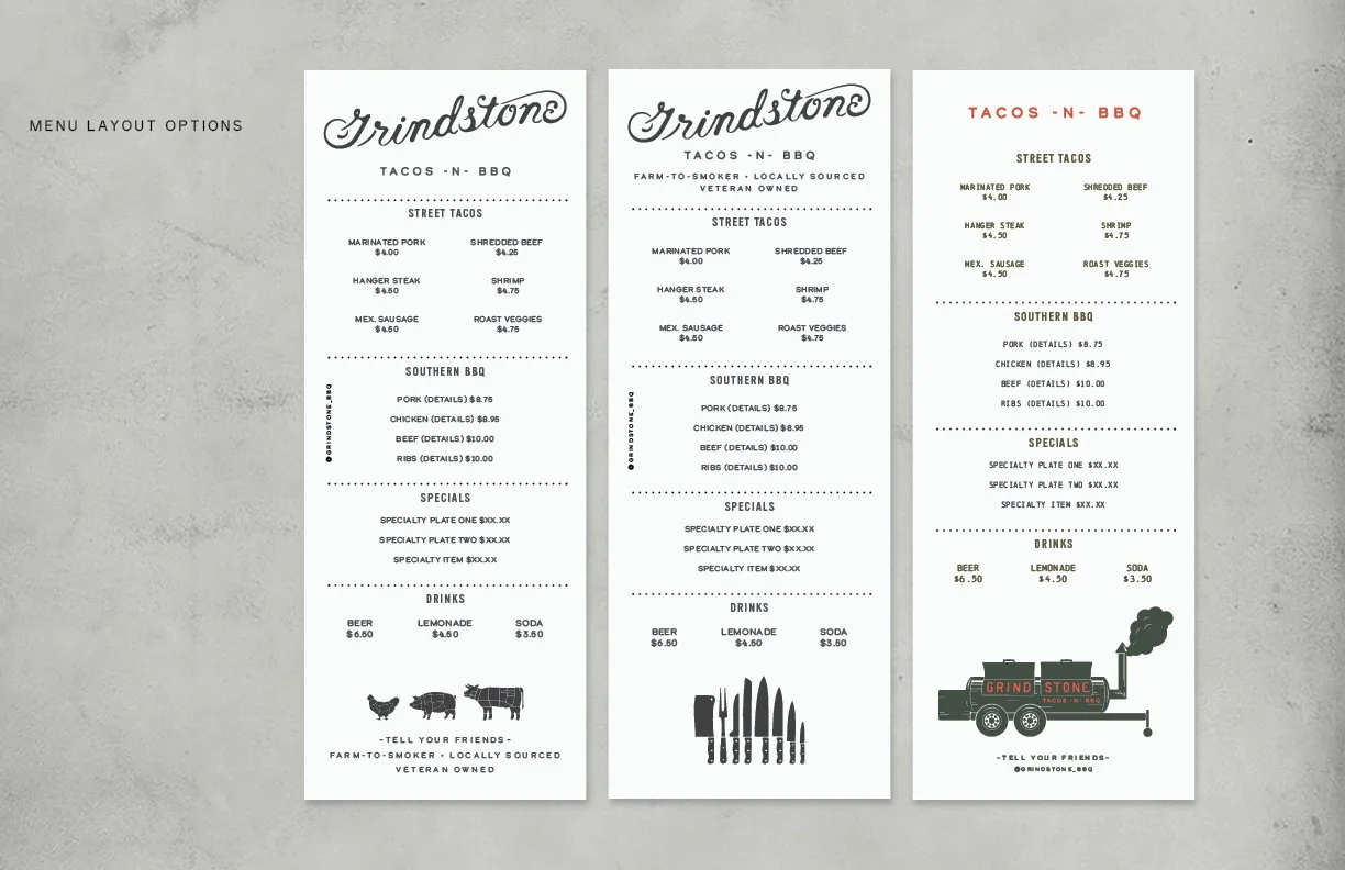 Print promotional materials and social media visuals for Grindstone BBQ by Murphy Empire