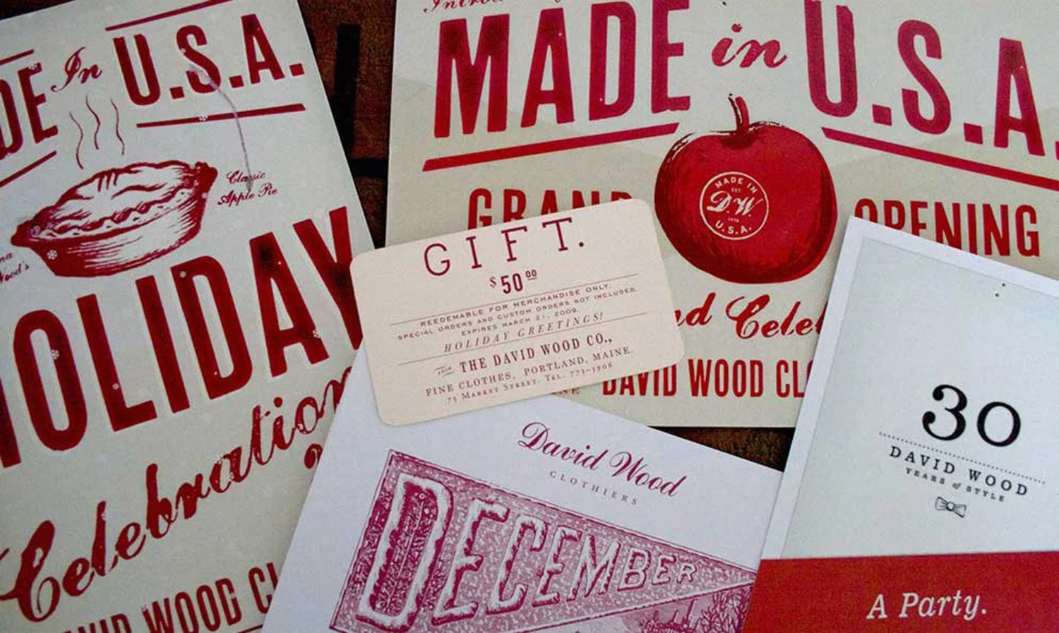 Various print collateral for David Wood Clothiers special seasonal promotions by Murphy