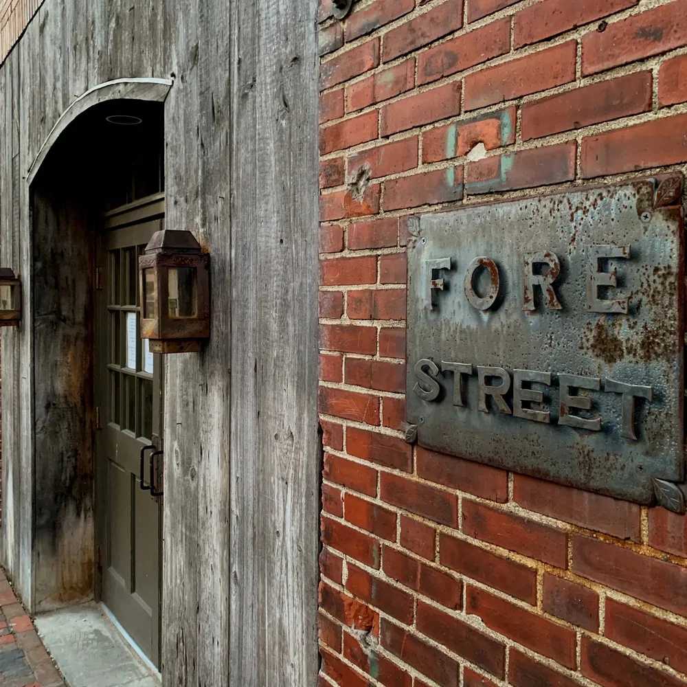 Fore Street restaurant entrance exterior signage, Portland, Maine