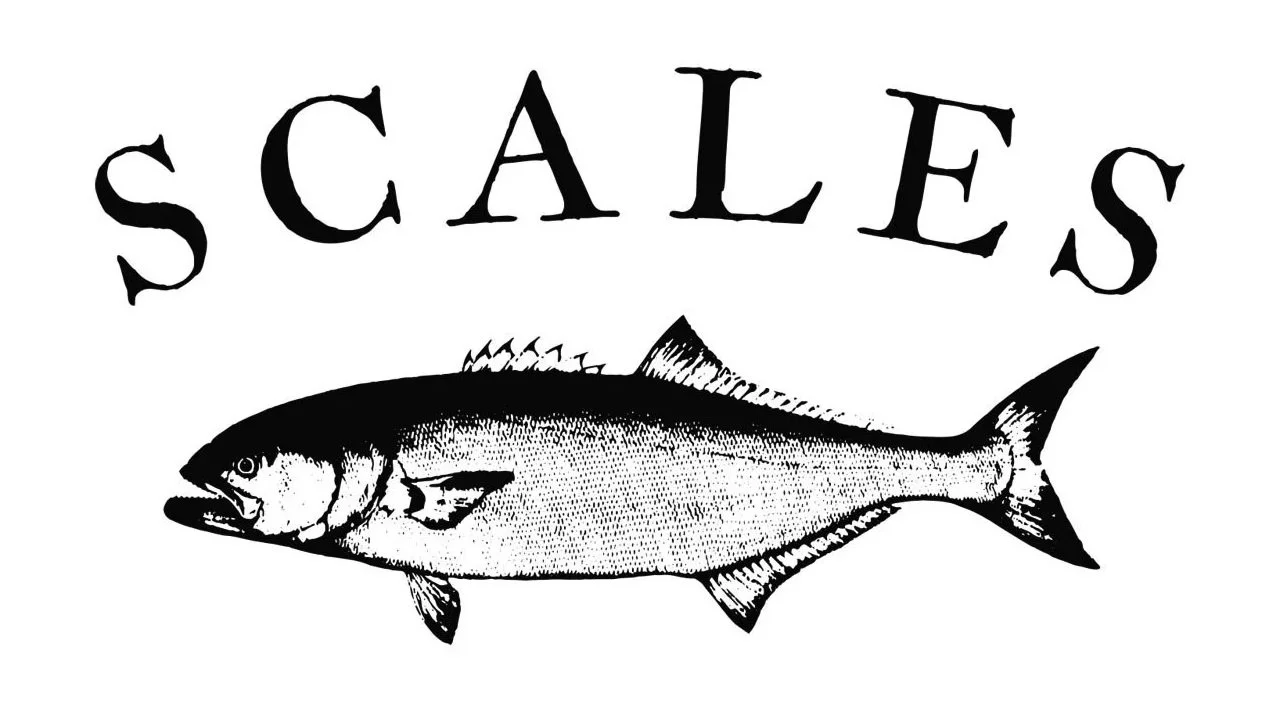 Scales Restaurant logo featuring hand-drawn fish illustration and serif typography inspired by Maine coastal heritage.