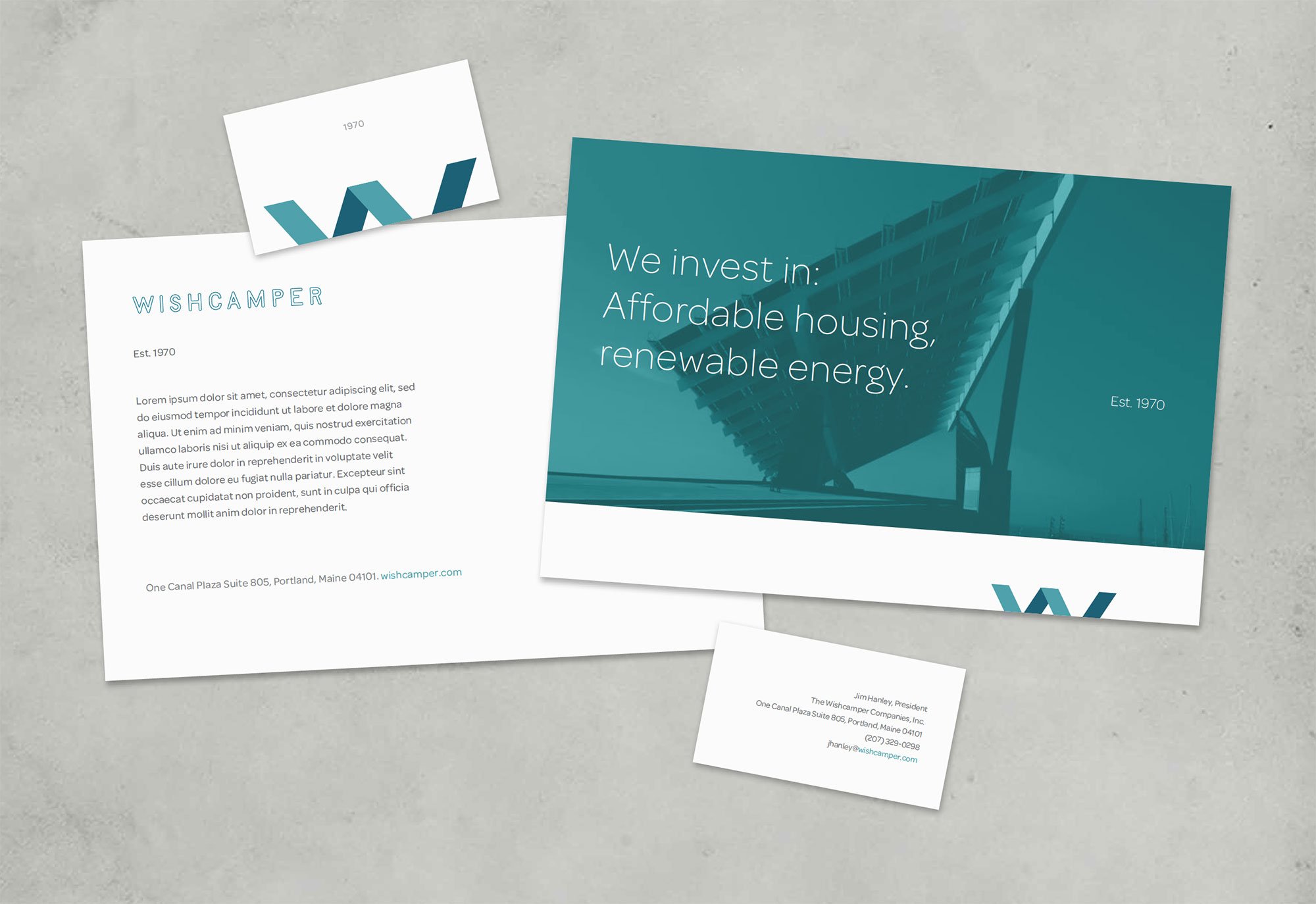 Corporate stationery and print collateral for Wishcamper Companies by Murphy Empire, Portland Maine