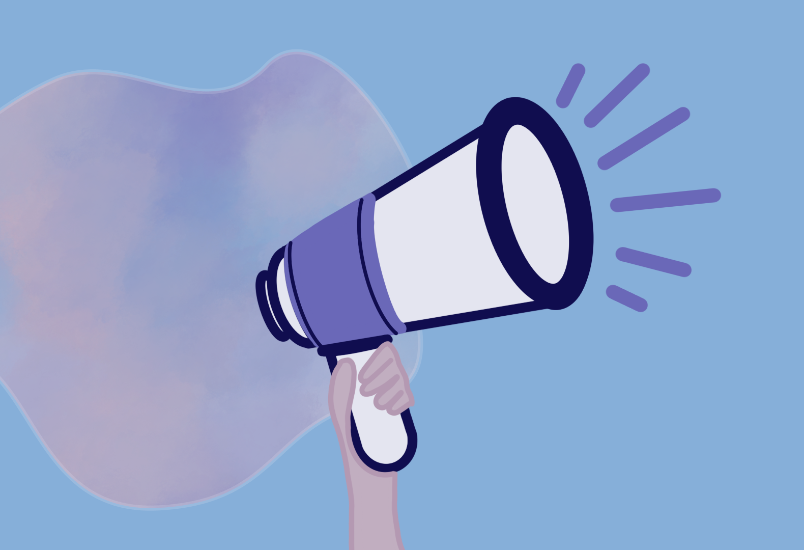 Blue background with a drawing a hand holding a megaphone. Behind the megaphone is a tie-dye blob shape. The megaphone is while with a navy blue outline and a purple detail near handle. Purple lines near the right side of the megaphone to signal sound.