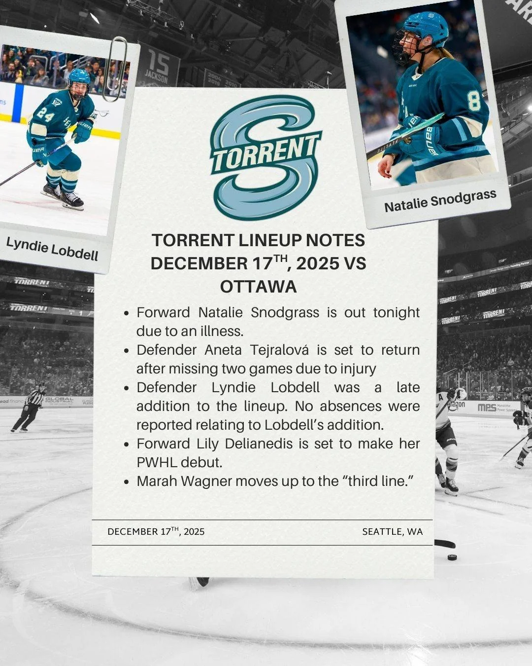 Here are a few lineup notes for our @pwhl_torrent ahead of tonight's game versus Ottawa.

Player photos in graphic by @wolterpix_sports 

#SeattleTorrent #PWHL #SeattleSports