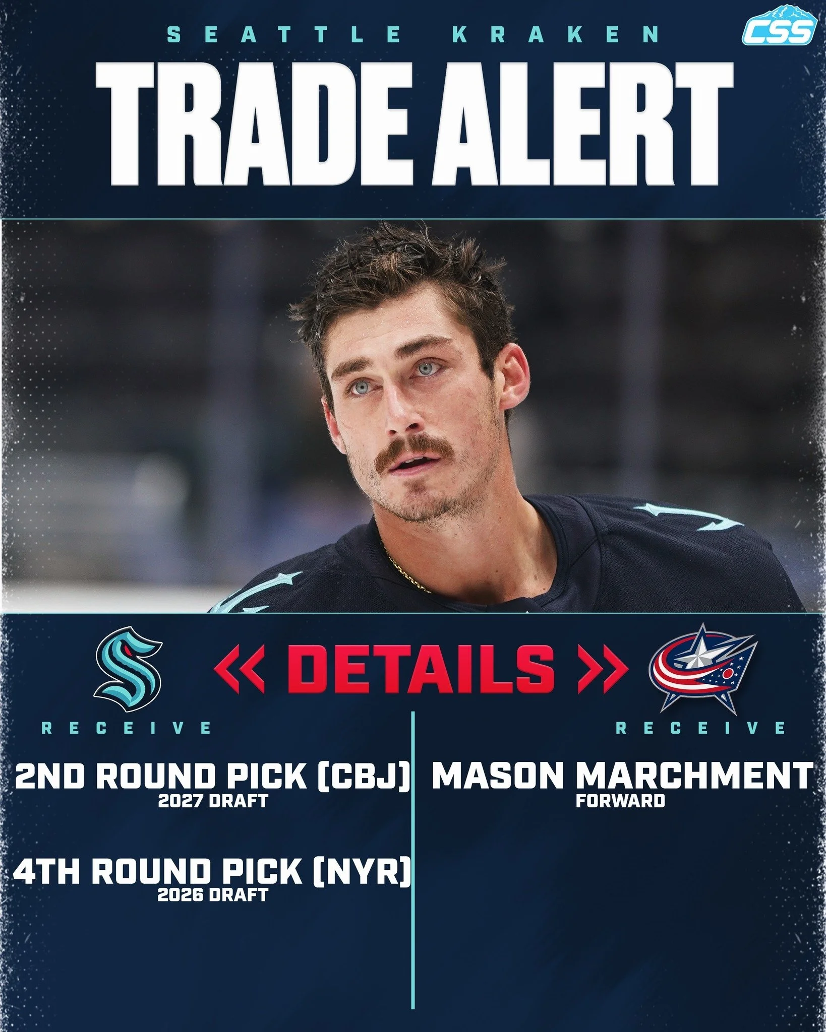 🚨TRADE ALERT🚨: Our @SeattleKraken are trading forward Mason Marchment to the @bluejacketsnhl in exchange for two draft picks, per @friedgehnic.

Marchment's name has been in trade rumors for the last few weeks, and Seattle now moves on.

Photo by @