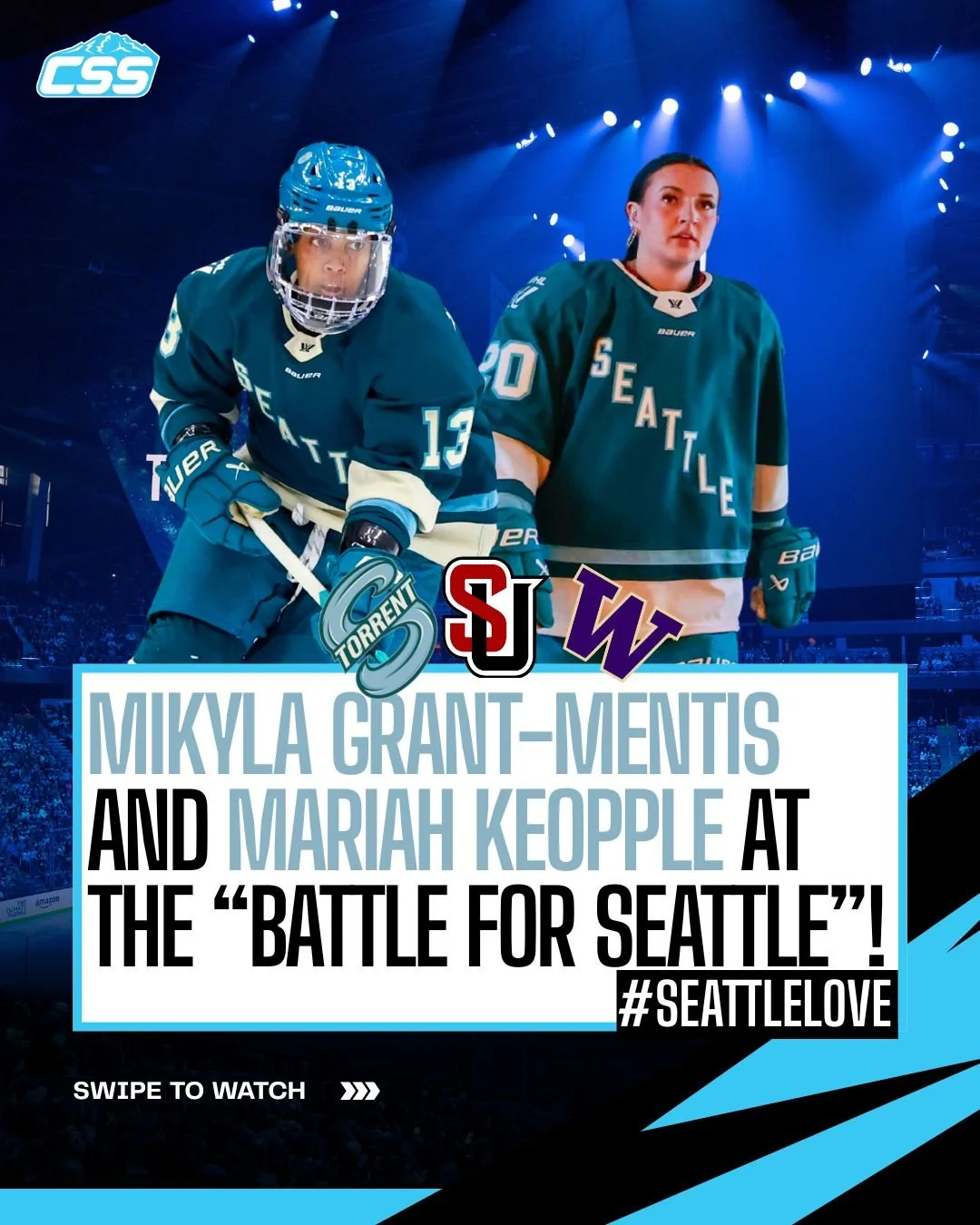 @pwhl_torrent forward Mikyla Grant-Mentis and defender Mariah Keopple are at tonight's @UW_MBB vs @seattleumbb , aka the "Battle for Seattle," and they threw some shirts to the crowd!

Player photos by @wolterpix_sports 
CPA photo in backgr