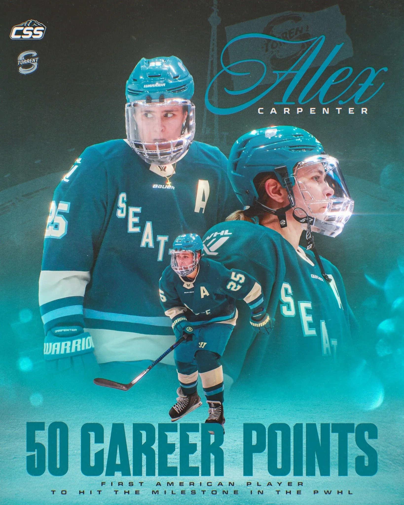 Clutch Carpy! With her game-tying goal last game, @pwhl_torrent forward and alternate captain Alex Carpenter hit the 50-point milestone in her @thepwhlofficial career!

Excited for many more points from Carpy in a Torrent jersey!

Photos in edit by @