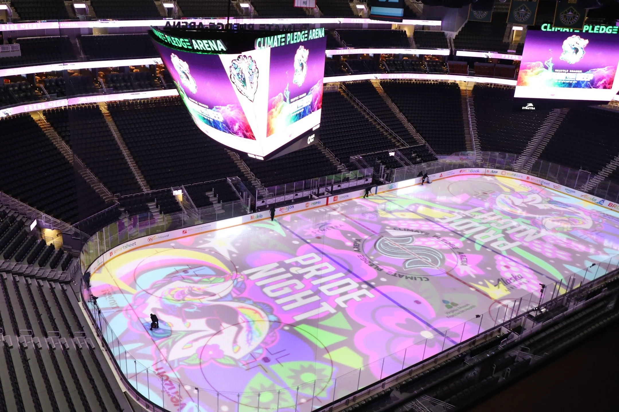 Some Pride Night specific photos from last night's @SeattleKraken game at Climate Pledge Arena, featuring Pride Night logo and artwork by @vegasdraws.

Freddy Gaudreau had pride tape on his stick in warmups.

Photos by @bgrdq for Circling Seattle Spo