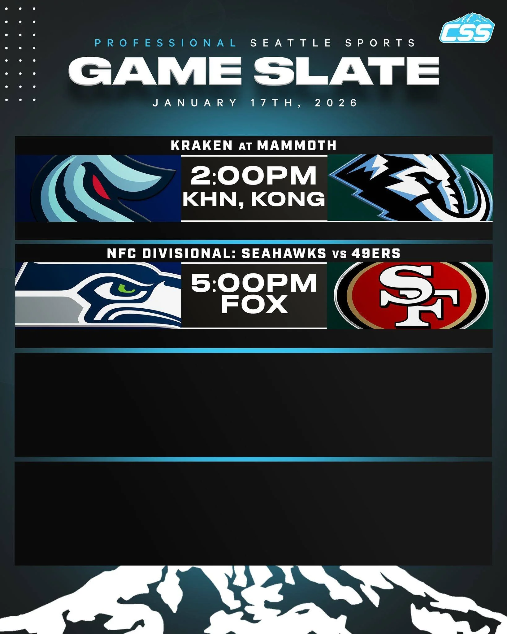 Two of Seattle's professional sports teams are in action today on Saturday, January 17th, 2026⬇️

@SeattleKraken end the road trip against the Mammoth!
@Seahawks host the 49ers in the divisional round of the playoffs!

#SeaKraken #Seahawks #SeattleSp