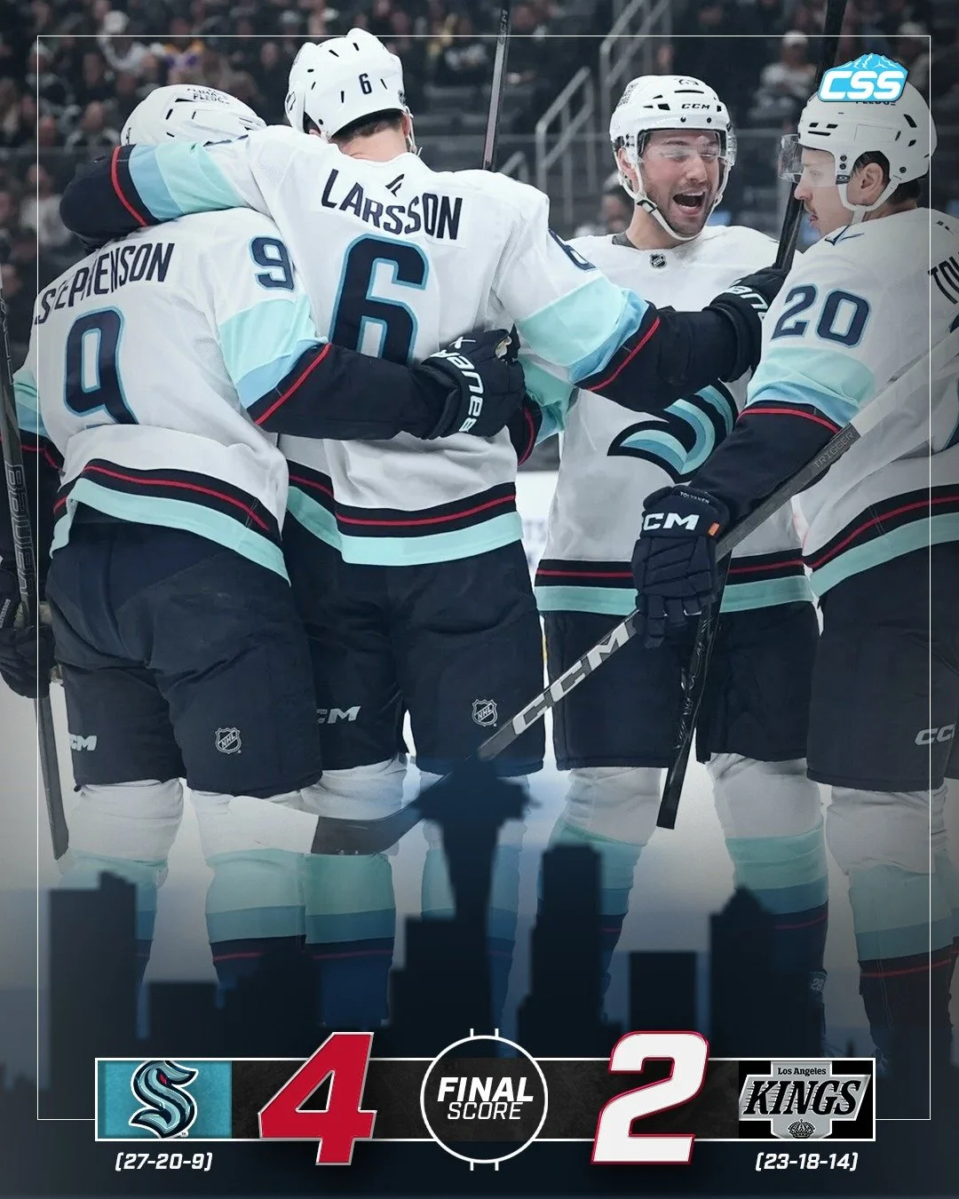 FINAL: @SEATTLEKRAKEN WIN! The Kraken use a three-goal first period and some tight defense late to hold off the @LAKings and get a big road win! Shane Wright scores two goals, while the Dunn-Larsson pair score the other two!

The Kraken pull back int