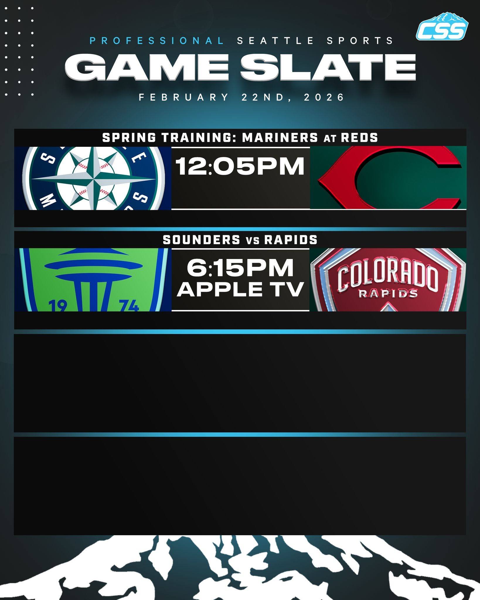 Two Seattle professional sports teams are in action today on Sunday, February 22nd, 2026⬇️

@mariners in road Spring Training action against the @Reds!
@soundersfc open their 2026 season at home against the @coloradorapids!

#SeattleSports #TridentsU