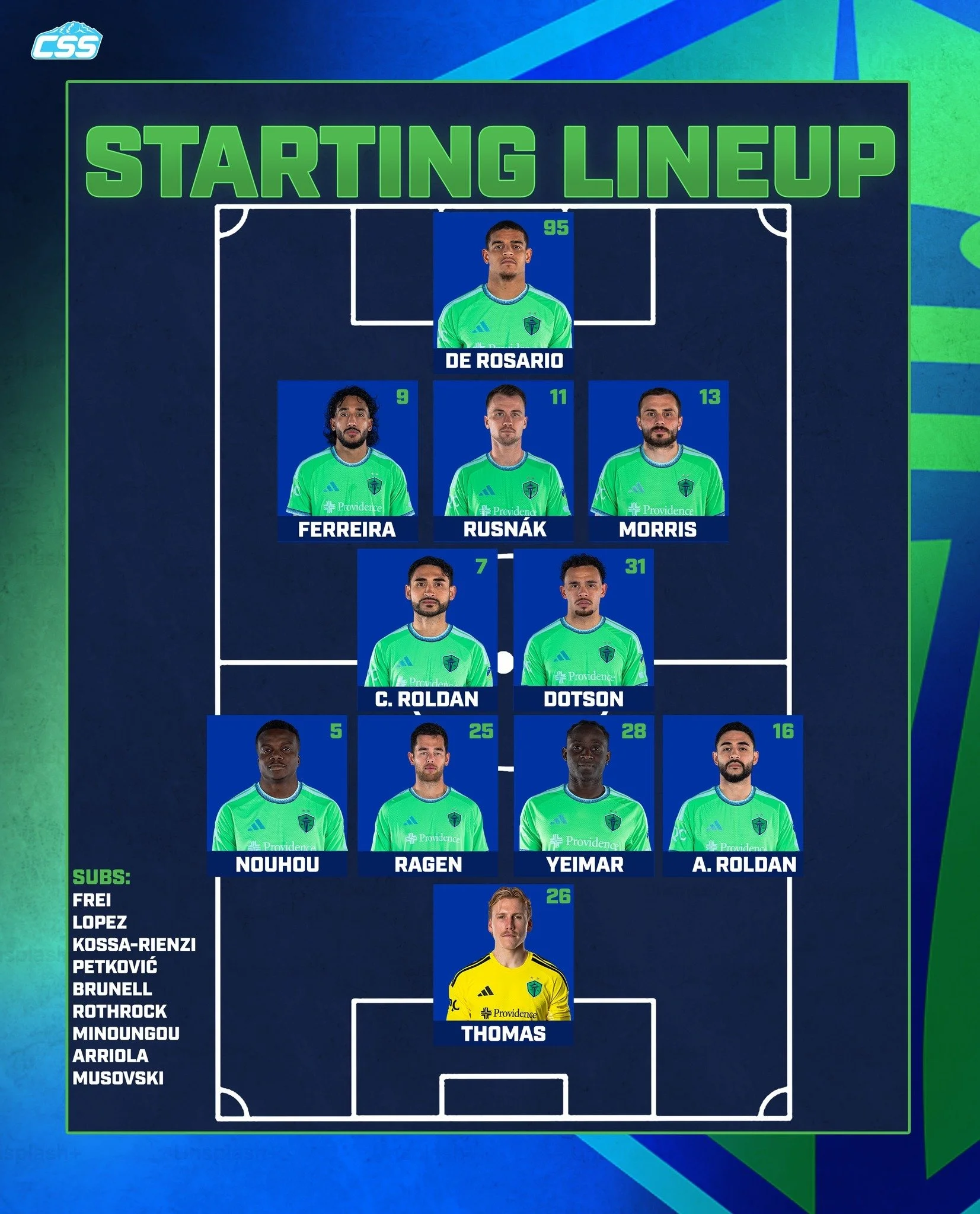 Here's tonight's @soundersfc starting XI and bench for their season opener against the @coloradorapids at @lumenfield!

Osaze De Rosario gets the start up top, Jordan Morris on the right wing! As announced, Andrew Thomas starts in goal.

#SeattleSoun