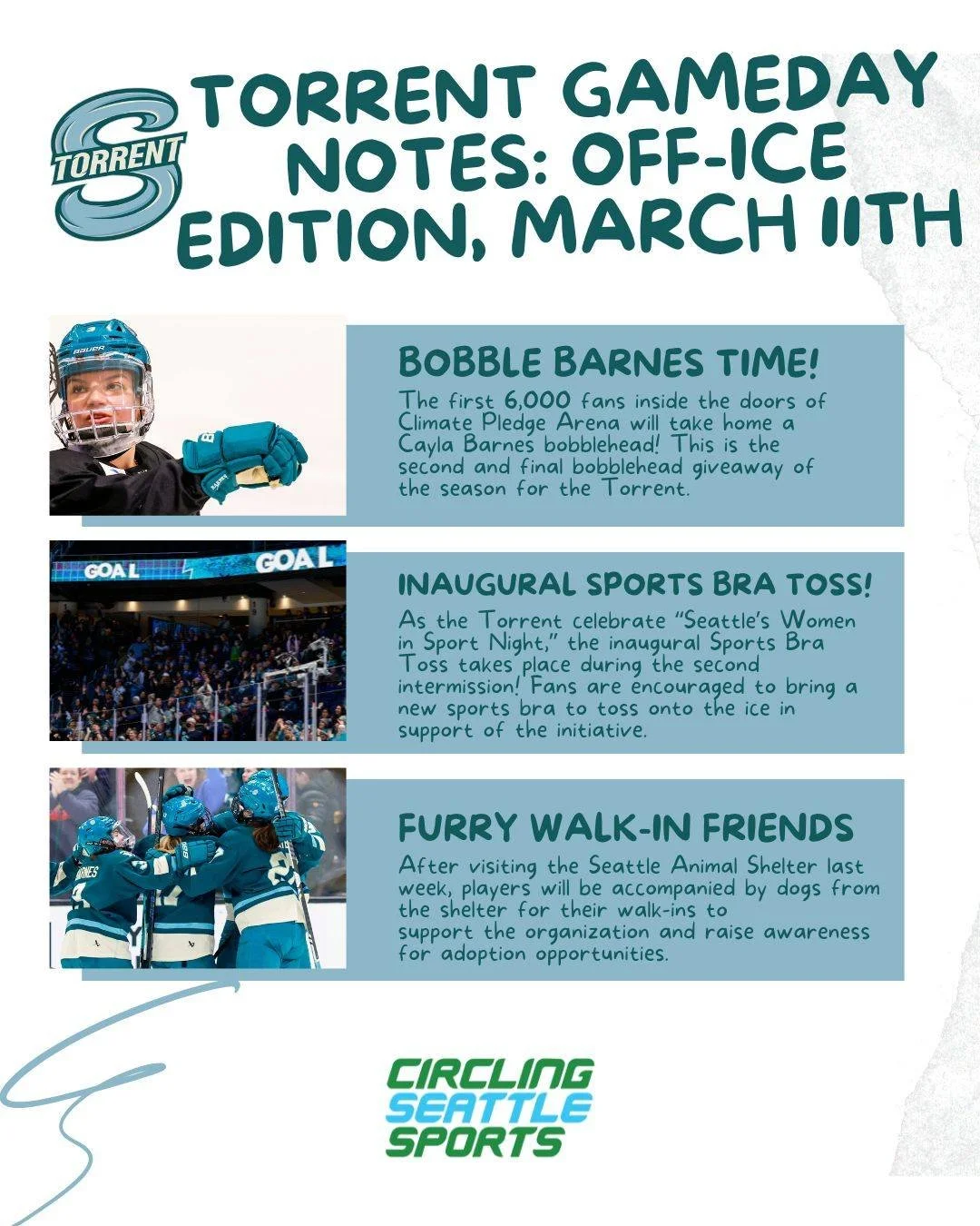 Here are three key things to know about tonight's @pwhl_torrent game at @climatepledgearena, off the ice!

🏒Bobble-Barnes!
🏒sports bra toss at second intermission!
🏒Some special friends for walk-ins tonight!

All photos by @wolterpix_sports 

#Sea