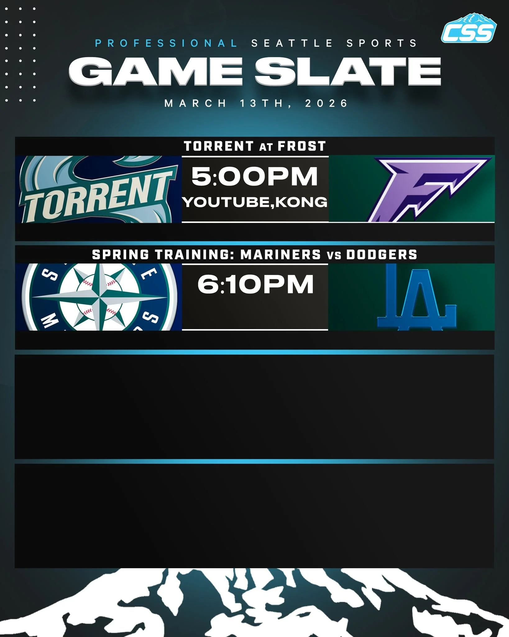 Two of Seattle's professional sports teams are in action on Friday, March 13th, 2026⬇️

@pwhl_torrent begin a road trip by taking on @pwhl_frost!
@mariners continue Spring Training by hosting the @dodgers! 

#SeattleSports #SeattleTorrent #SeattleMar