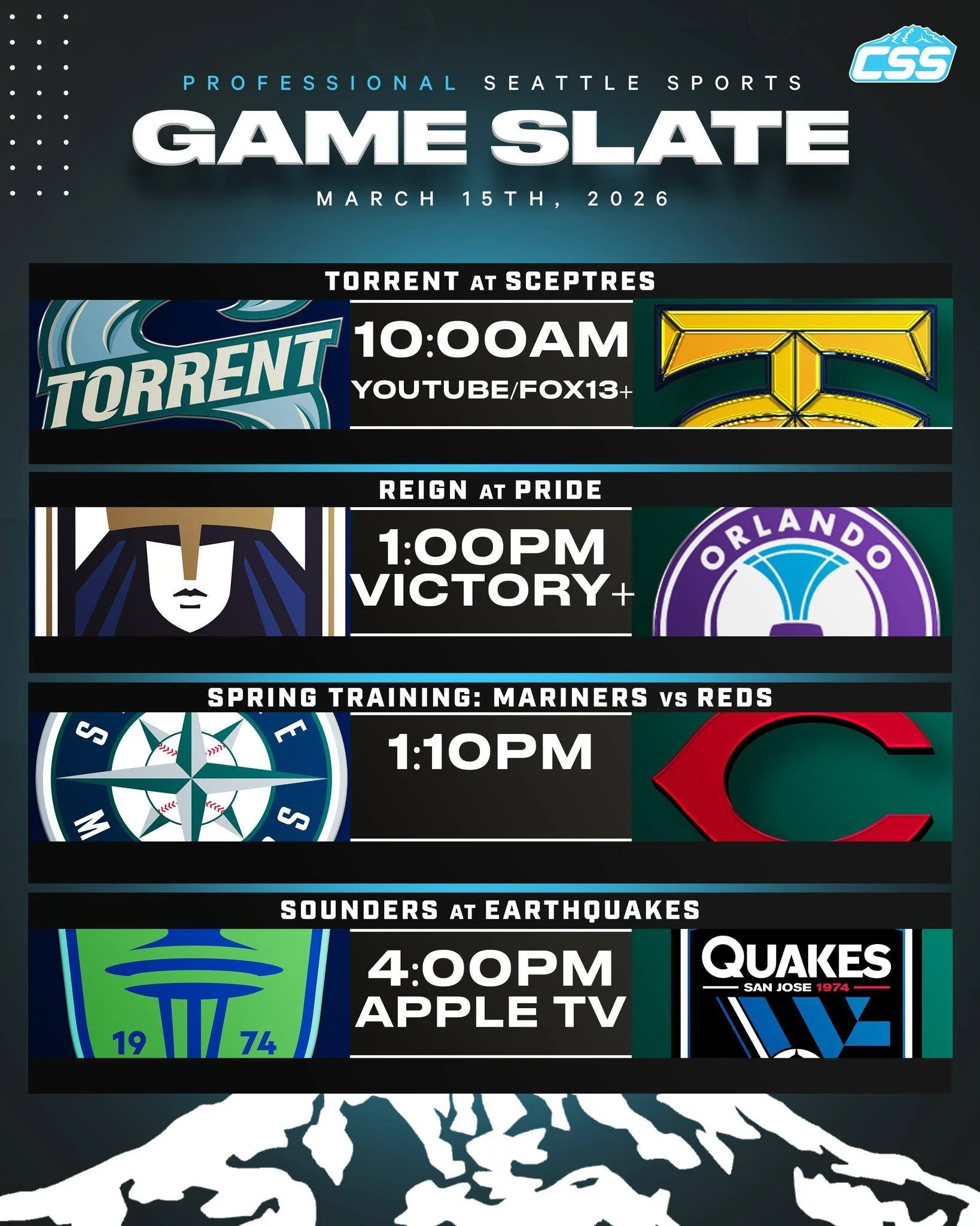 FIVE of Seattle's professional sports teams are in action today on Sunday, March 15th, 2026⬇️

@pwhl_torrent are on the road in Toronto!
@reignfc will begin their 2026 season!
@mariners continue Spring Training action!
@soundersfc are on the road in 