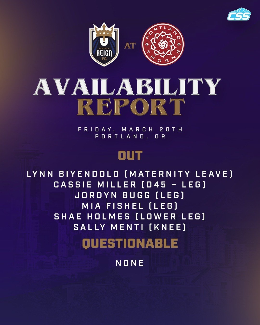 Here is the @reignfc availability report for tonight's road match in Portland, as Mia Fishel gets added to the list that the Reign had last week. 

Seattle is without some key names tonight in Portland after a rough travel week.

#SeattleReignFC #Sea