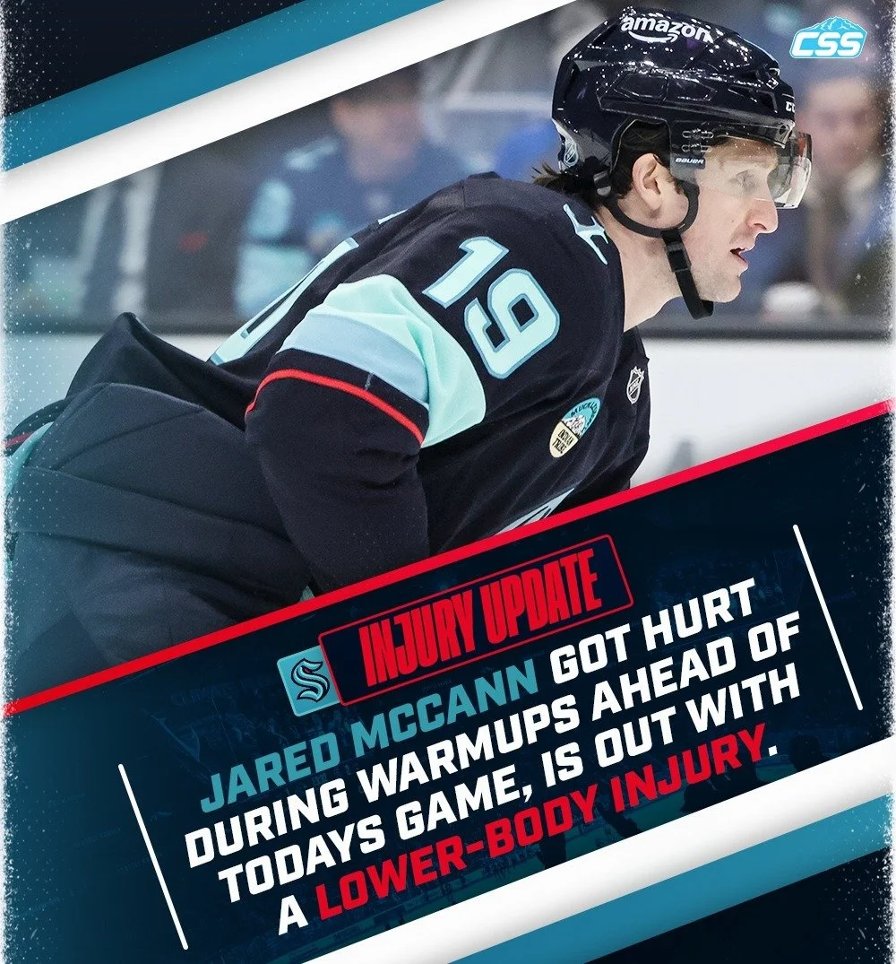 According to the Kraken Hockey Network broadcast, @SeattleKraken forward Jared McCann is missing today's game with a lower-body injury that he suffered during warmups ahead of the contest.

Another rough break for the Kraken.

Photo by @bgrdq

#SeaKr