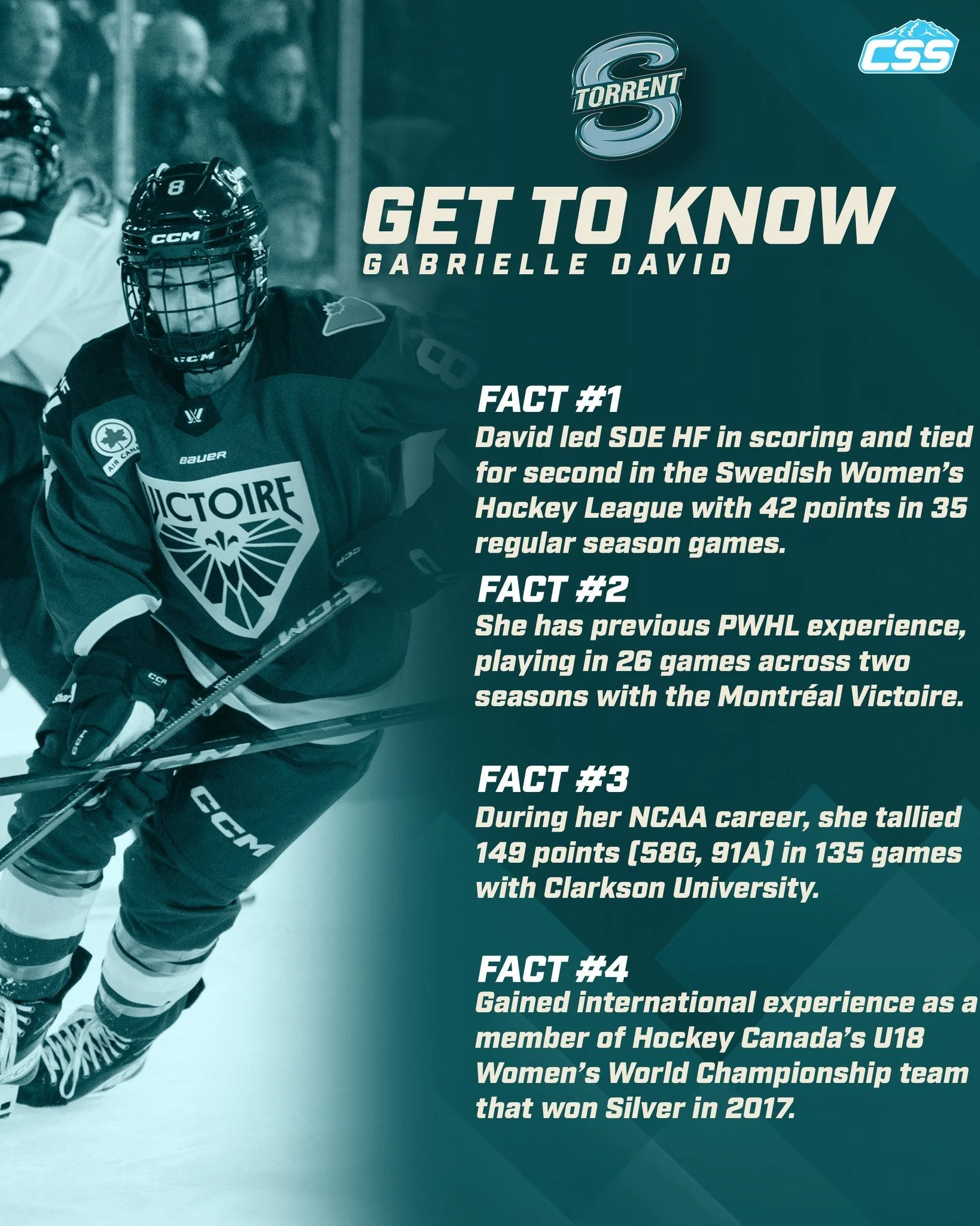 Here is some basic information about the newest @pwhl_torrent forward, Gabrielle David! 

The 26-year-old from Drummondville, QC, is set to join the Torrent for the final stretch of the season.

Photo via the PWHL

#SeattleTorrent #PWHL #SeattleSport