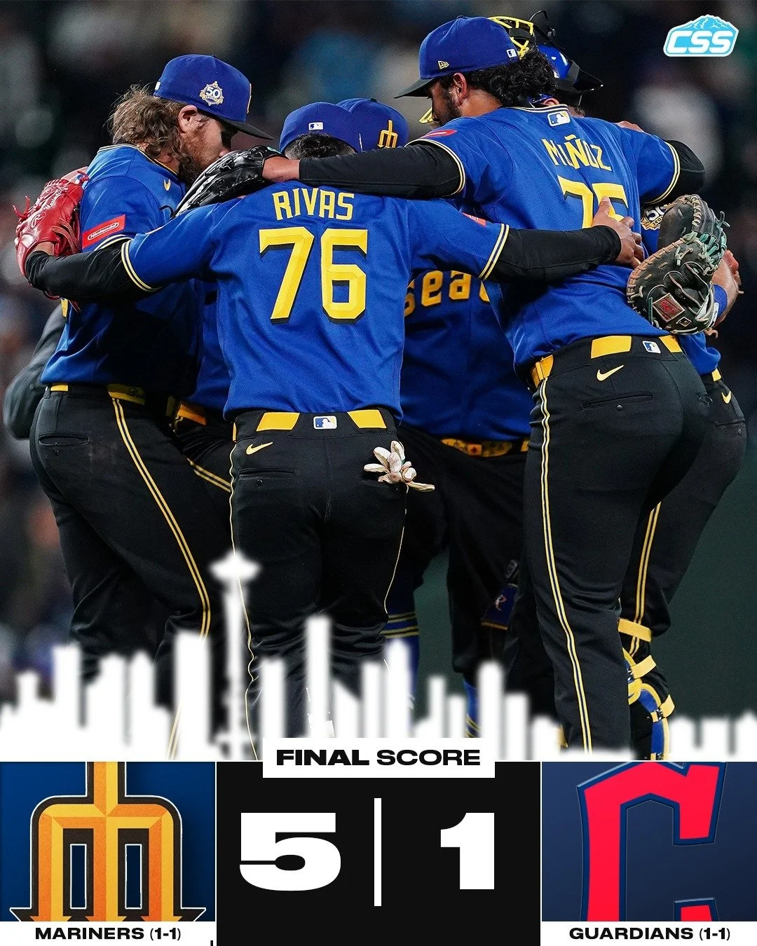 FINAL: @mariners WIN! The Mariners bounce back from last night's loss to earn their first victory of the season, as George Kirby is strong on the mound while a Cole Young three-run homer powers Seattle past the @cleguardians.

Make sure you are follo