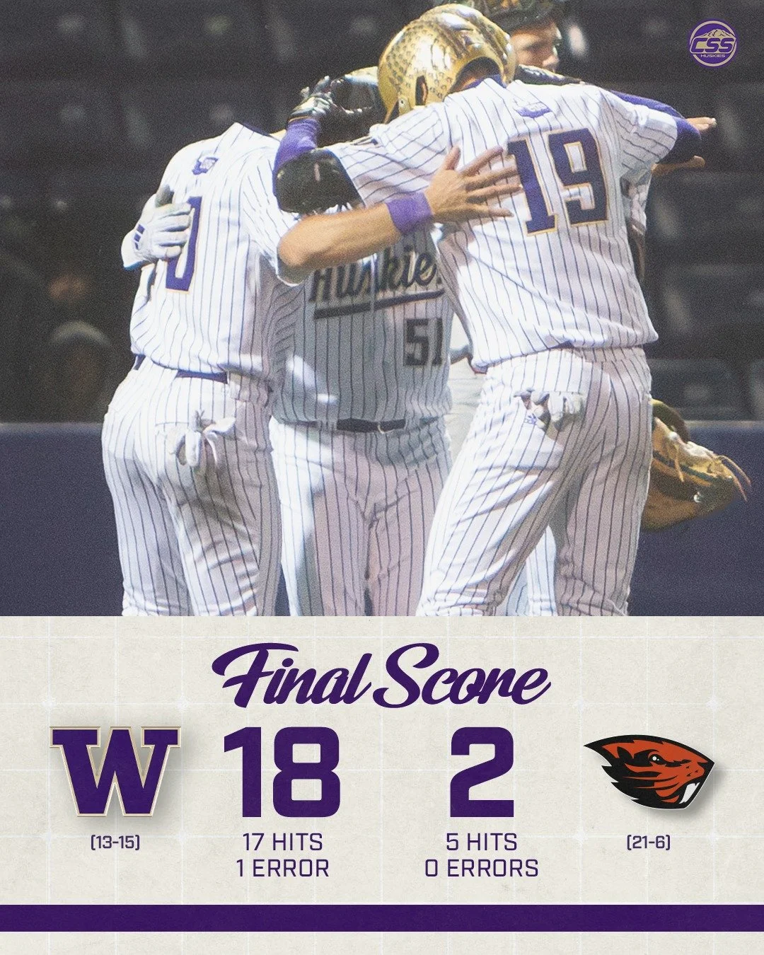 FINAL: @UW_BASEBALL WINS! The Huskies get their first win in Corvallis since 2018 with a thumping victory over #9 @BeaverBaseball, with five Washington batters recording two or more RBI.

Liam Lierman has a strong outing!

Photo by @dnsportsmedia 

#