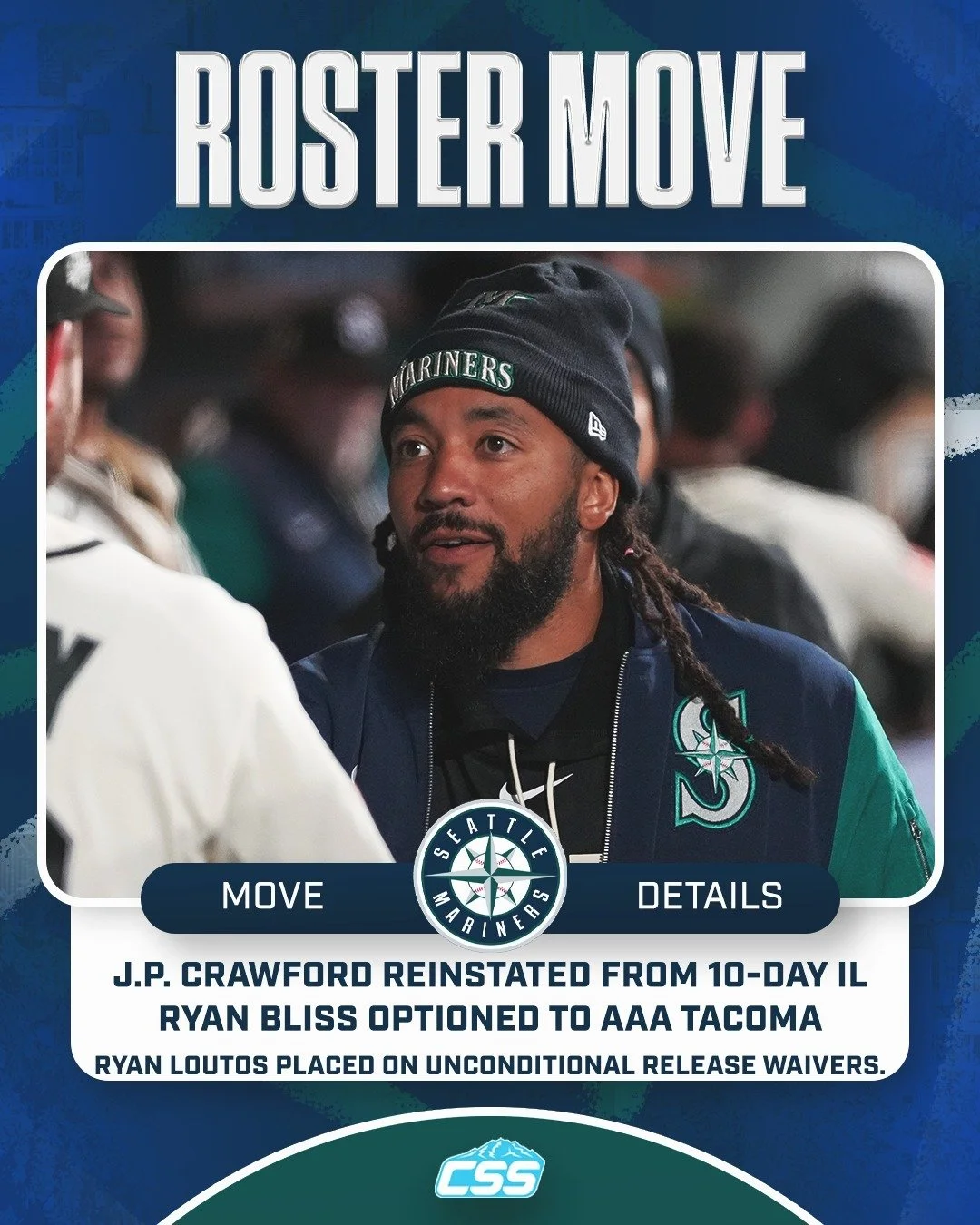 Our @Mariners have reinstated SS J.P. Crawford from the 10-day Injured List, as he was dealing with right shoulder inflammation.

INF Ryan Bliss was optioned to AAA Tacoma, while RHP Ryan Loutos was placed on unconditional release waivers.

Photo by 