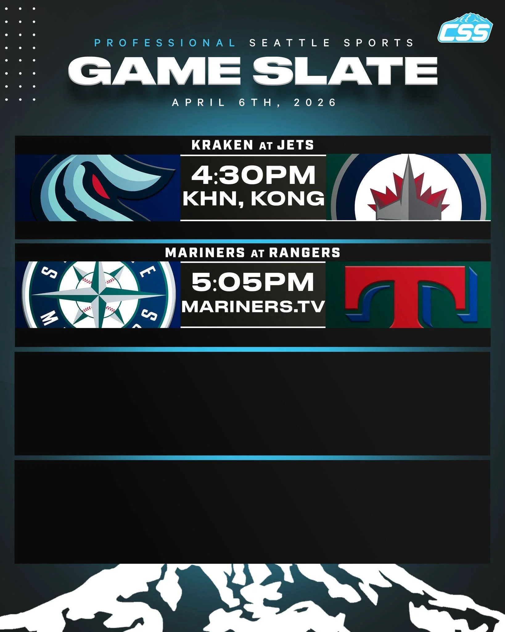 Two of Seattle's professional sports teams are in action on Monday, April 6th, 2026⬇️

🏒 @seattlekraken are on the road to take on the @nhljets!
⚾️ @mariners continue their road trip, taking on the @rangers!

#SeattleSports #SeaKraken #TridentsUp