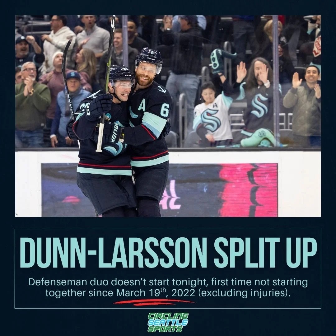 With the @seattlekraken shaking up their defenseman pairings, the Vince Dunn-Adam Larsson pair was split up.

It's been a LONG time since the two didn't start a game together.

First photo by @Wolterpix_Sports 
Second photo by Stephen Brashear/AP

#S
