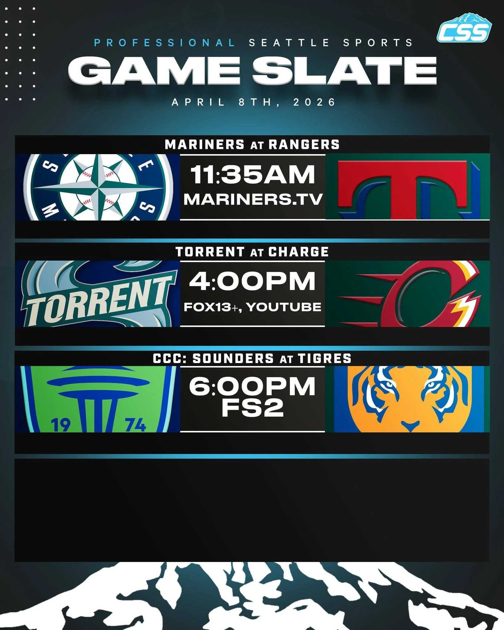 Three of Seattle's professional sports teams are in action on Wednesday, April 8th, 2026⬇️

@mariners wrapped up their road trip in Texas.
@pwhl_torrent play the second leg of a road back-to-back!
@soundersfc play the first leg of a CCC Quarter-final