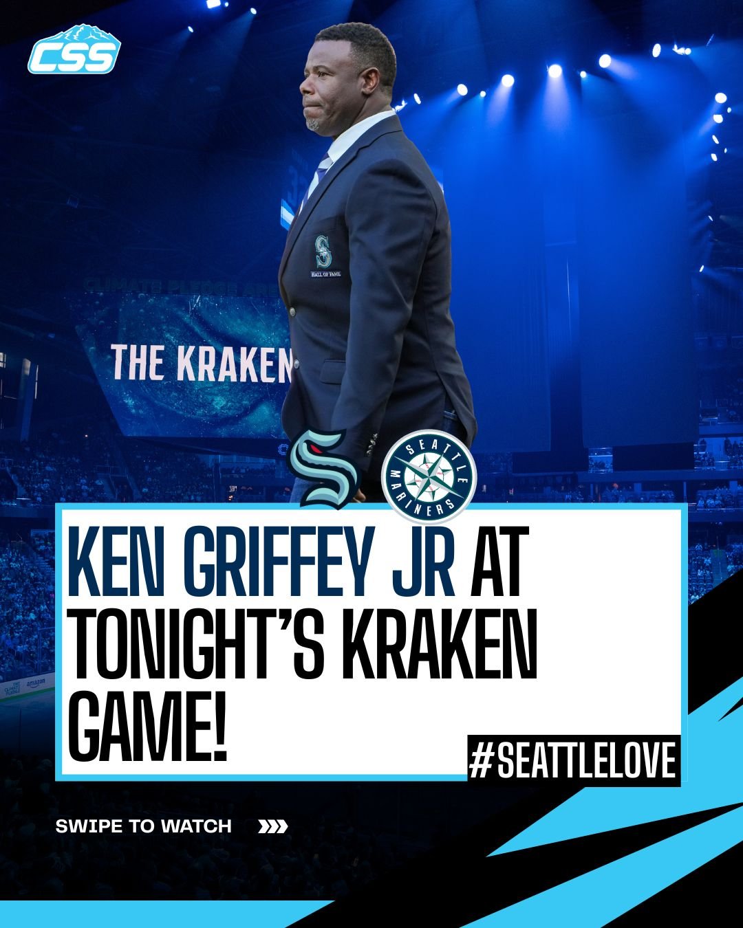 Ken Griffey Jr., @Mariners legend and a minority owner in the @soundersfc, is at tonight's @seattlekraken 

Junior photo by @_livlyons 

#TridentsUp #SeaKraken #SeattleSports