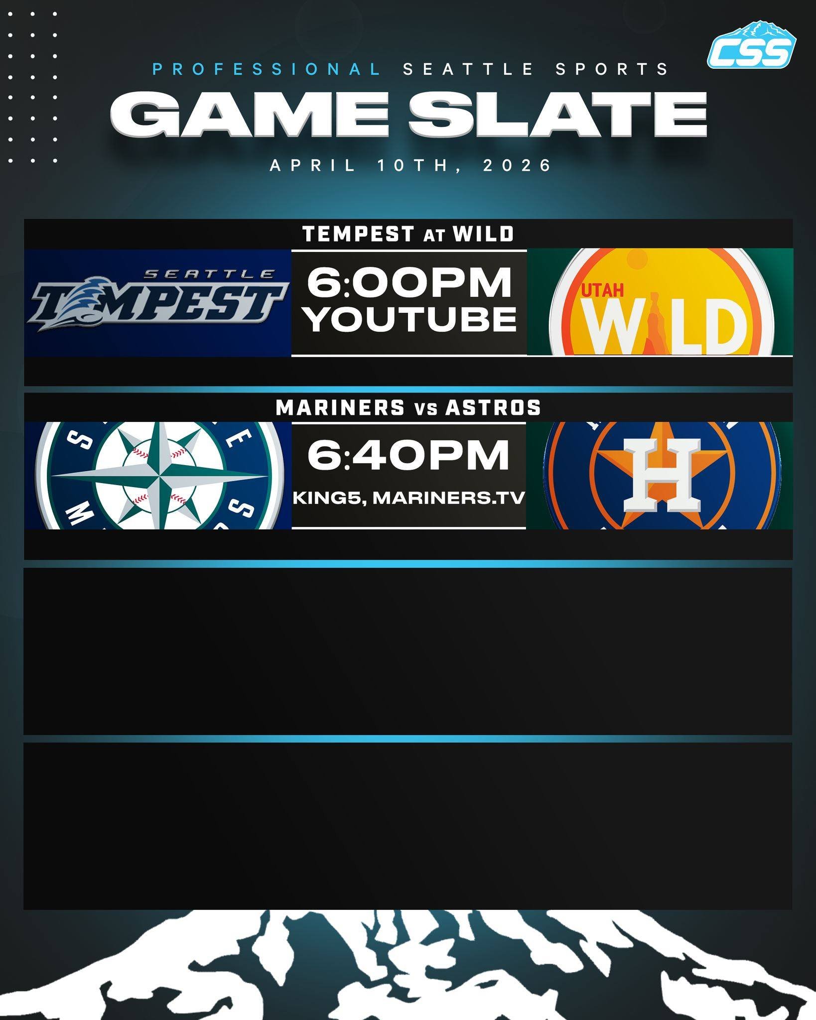 Two of Seattle's professional sports teams are in action on Friday, April 10th, 2026⬇️

@seattle_tempest play the first of two games in two days!
@mariners return home to begin a four-game series against the @astros!

#SeattleSports #SeattleTempest #