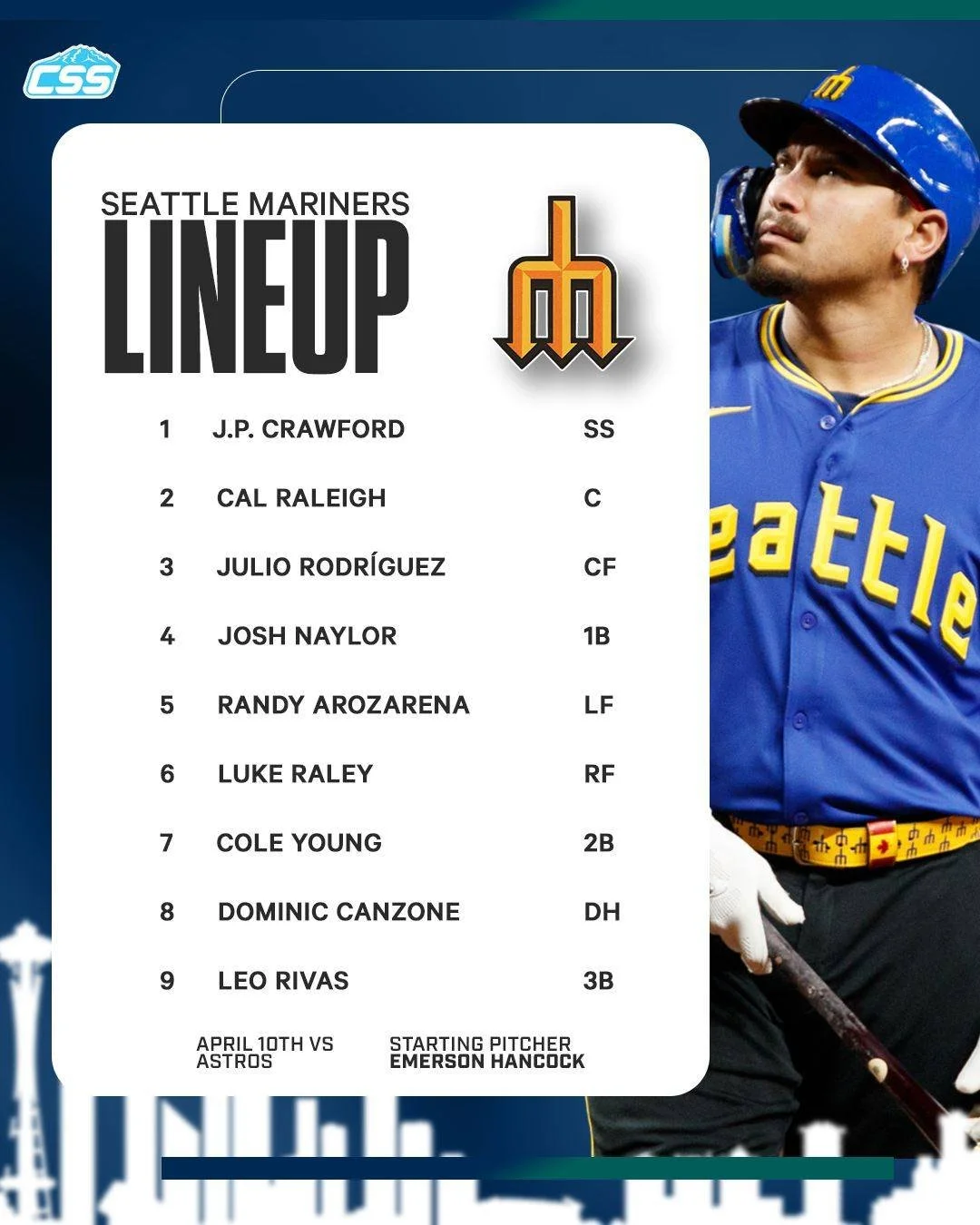 Here is tonight's @Mariners starting lineup for game one of four against the @Astros this weekend at @TMobilePark!

Emerson Hancock on the bump against Houston. Brendan Donovan is out with an illness tonight.

Photo by @Kng.tiff

#TridentsUp #Seattle
