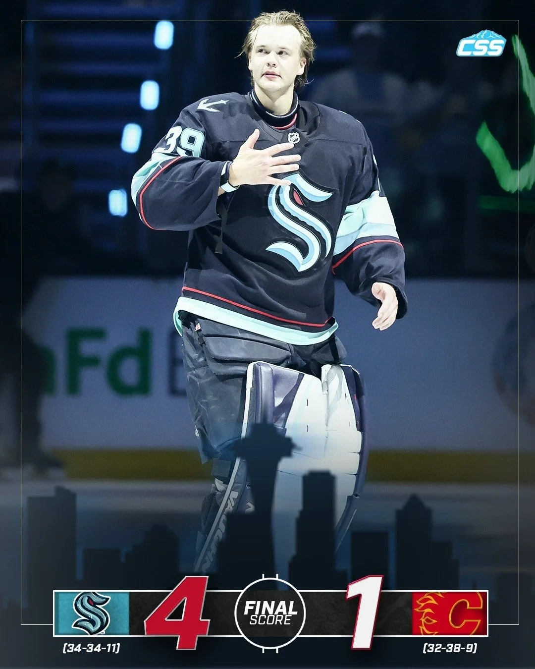 FINAL: @SEATTLEKRAKEN WIN! The Kraken make it back-to-back wins in their final homestand of the season, using a three-goal second period to pull away from the @NHLFlames.

Nikke Kokko is excellent in his first career NHL start!

Photo by @bgrdq 

#Se