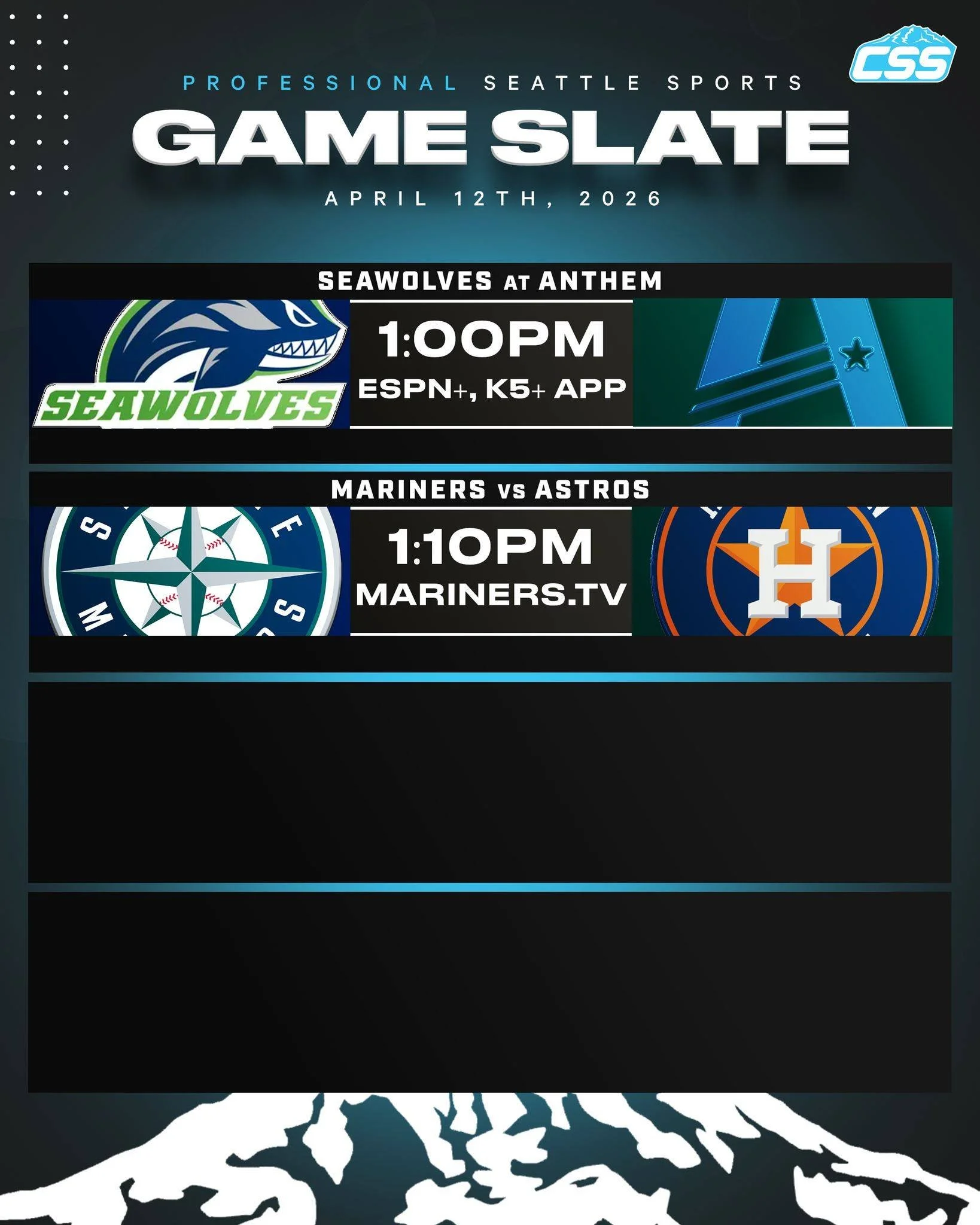 Two of Seattle's professional sports teams are in action on Sunday, April 12th, 2026⬇️

@seawolvesrugby are on the road to battle @anthemrugby!
@mariners host the @astros in game three of a four-game series!

#SeattleSports #TogetherWeHunt #TridentsU