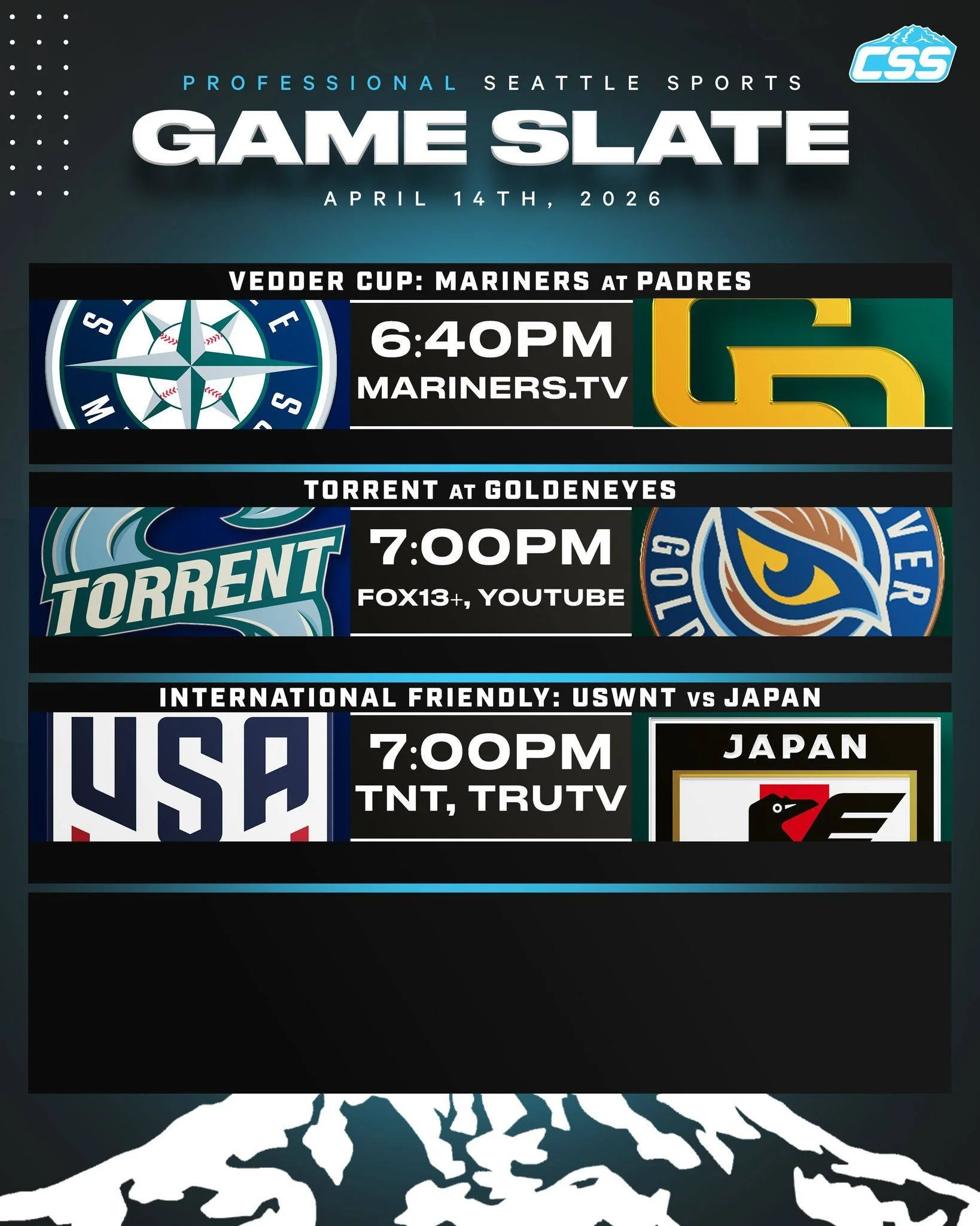 Two of Seattle's professional sports teams and two women's soccer national teams are in action on Tuesday, April 14th, 2026⬇️

@mariners begin a road series vs the @padres!
@pwhl_torrent battle @pwhl_goldeneyes in Canada!
@uswnt &amp; Japan battle at