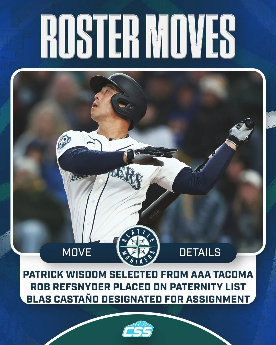 Earlier today, the @Mariners made the following roster moves⬇️

INF Patrick Wisdom was selected from @tacomarainiers, will wear #35
INF/OF Rob Refsnyder was placed on the Paternity List.
RHP Blas Casta&ntilde;o was DFA'd

Photo by @kng.tiff 

#Triden