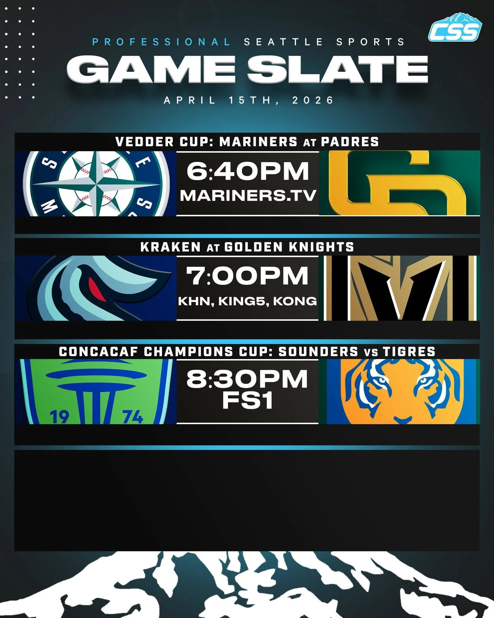 Three of Seattle's professional sports teams are in action on Wednesday, April 15th, 2026⬇️

@mariners play game two of three in San Diego!
@seattlekraken play their second-to-last game of the 2025-26 season!
@soundersfc host leg two of their quarter