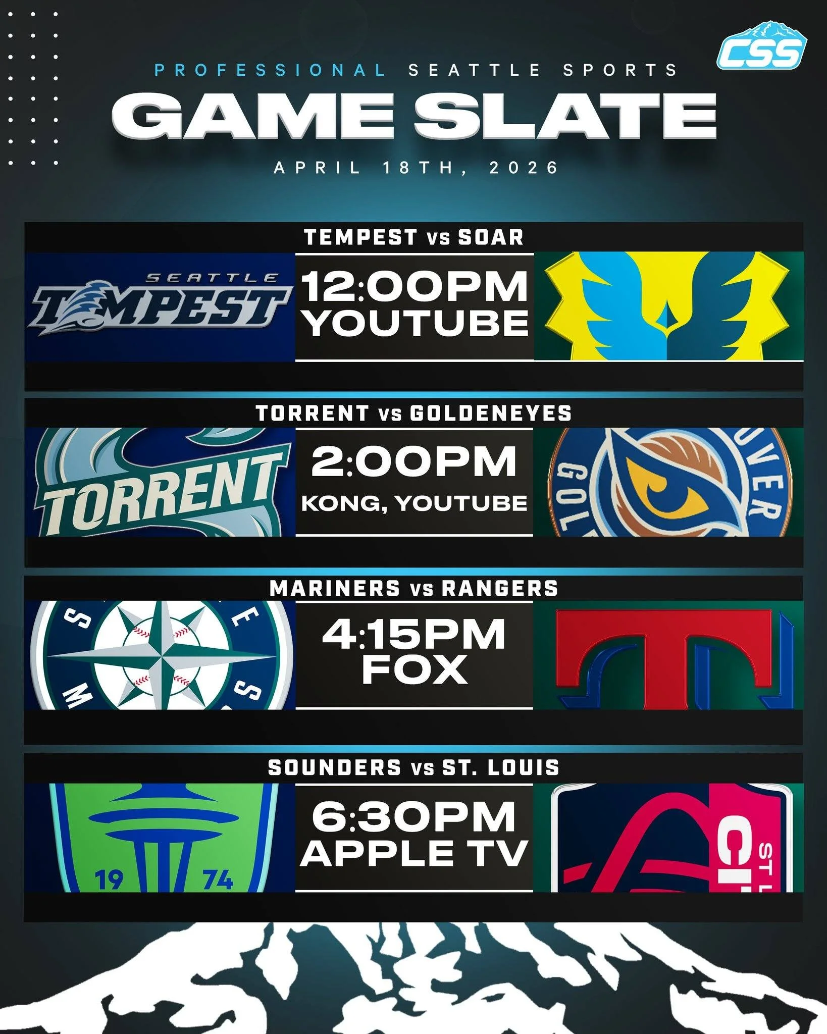 Four of Seattle's professional sports teams are in action on Saturday, April 18th, 2026⬇️

@seattle_tempest host the @oregon_soar!
@pwhl_torrent host @pwhl_goldeneyes!
@mariners host the @rangers!
@soundersfc host @stlcitysc!

#SeattleSports #Seattle