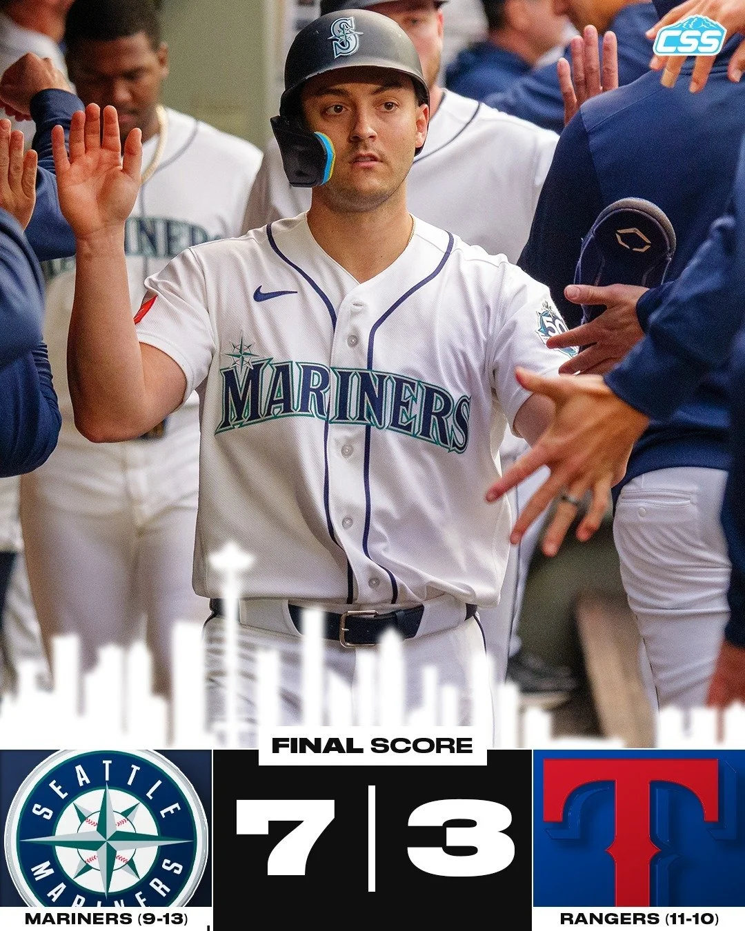 FINAL: Yesterday, the @Mariners evened up the series with a solid victory over the @Rangers in game 2, setting up today's rubber match.

George Kirby was solid on the mound for Seattle, and Dom Canzone had a three-hit, two-RBI day.

Photo by @benvisu