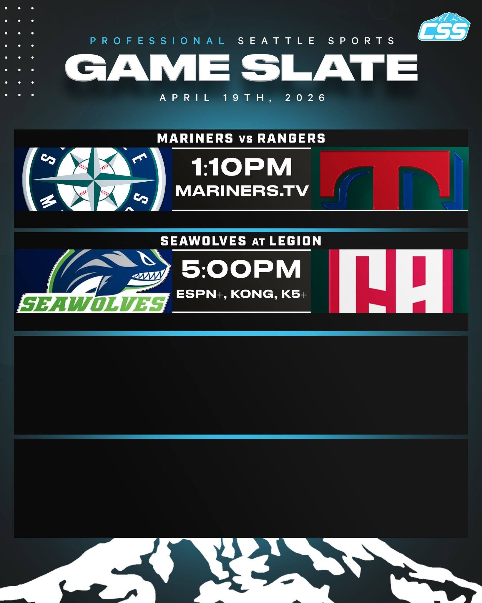 Two of Seattle's professional sports teams are in action on Sunday, April 19th, 2026⬇️

⚾️ @Mariners wrap up their home series against the @Rangers!
🏉 @seawolvesrugby on the road to battle @legion.rugby!

#SeattleSports #TridentsUp #TogetherWeHunt