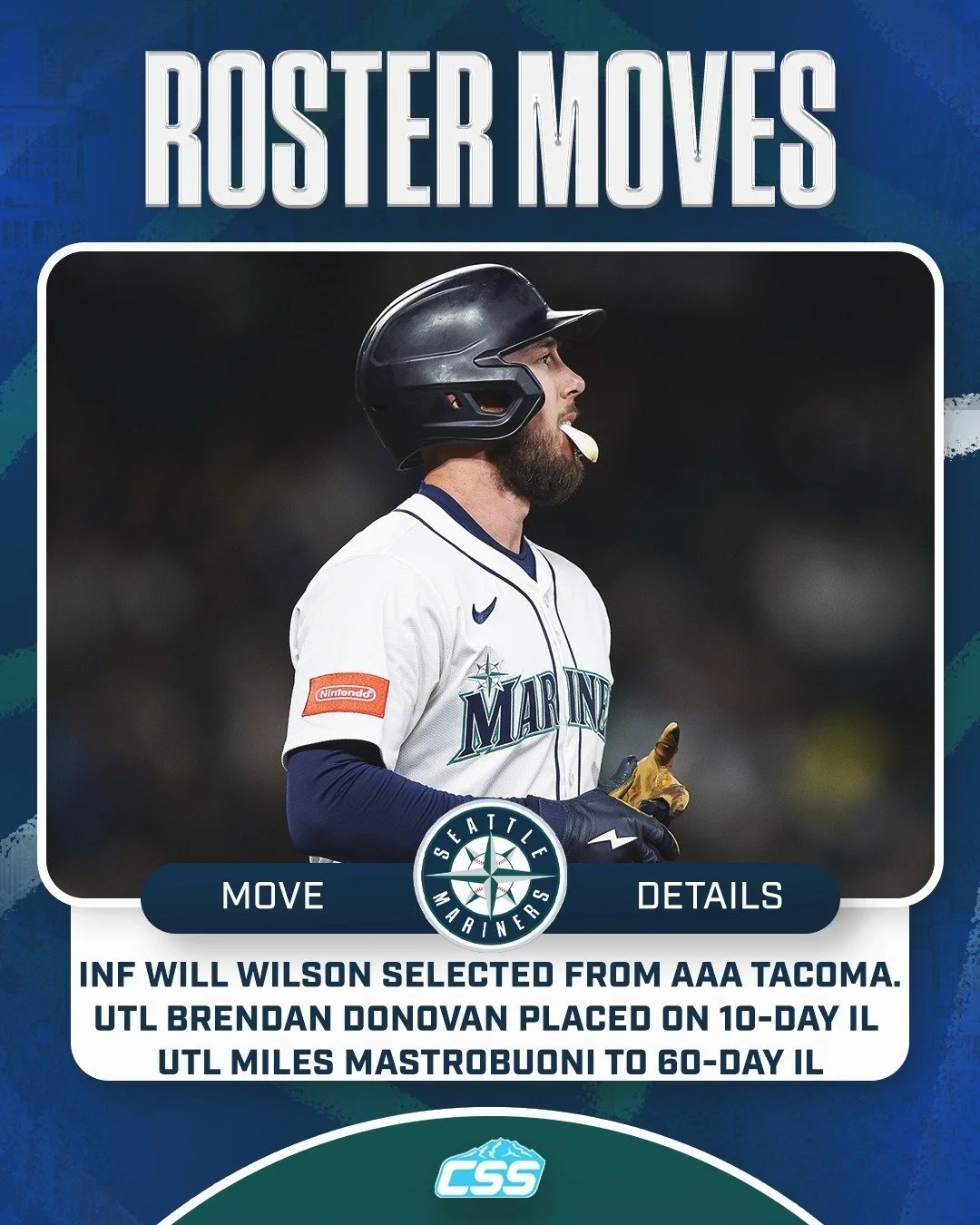 In addition to INF/OF Brendan Donovan hitting the injured list, the @mariners made two other roster moves as INF Will Wilson was selected from @tacomarainiers and INF/OF Miles Mastrobuoni was transferred to 60-day IL.

Colt Emerson was not called up 