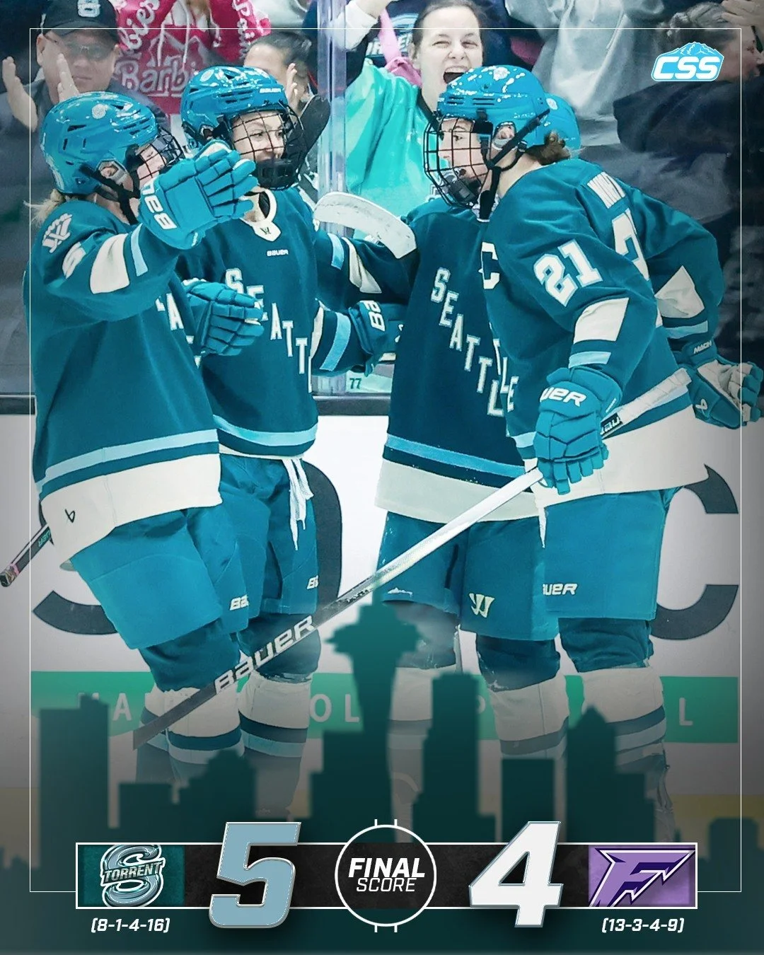 FINAL: @pwhl_torrent WIN! The Torrent collected three CRITICAL points towards the gold plan with a thrilling victory over @pwhl_frost. Three players record multi-point nights, and Hannah Murphy makes 38 saves!

Another ELECTRIC night at Climate Pledg