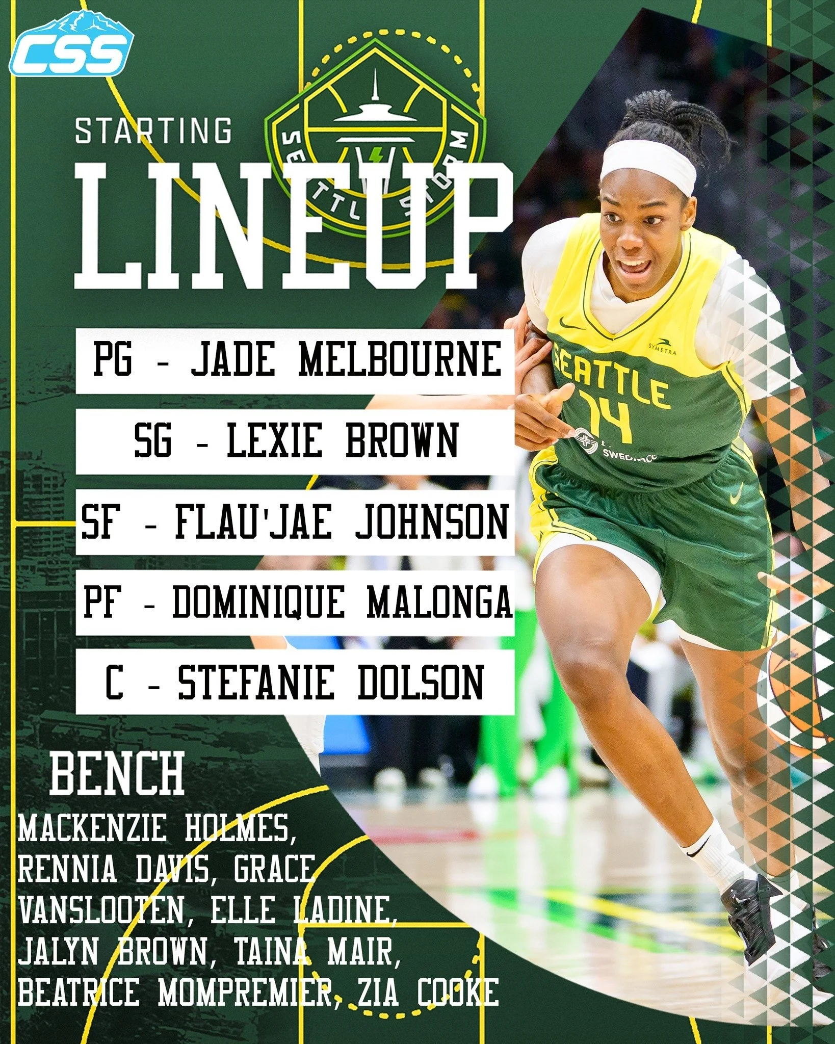 Here is tonight's @seattlestorm starting five for their road preseason game against the @valkyries!

Different look Storm for 2026, but do note that several key players are out for this contest. Lots of young names! Sorry this is late: Was doing preg