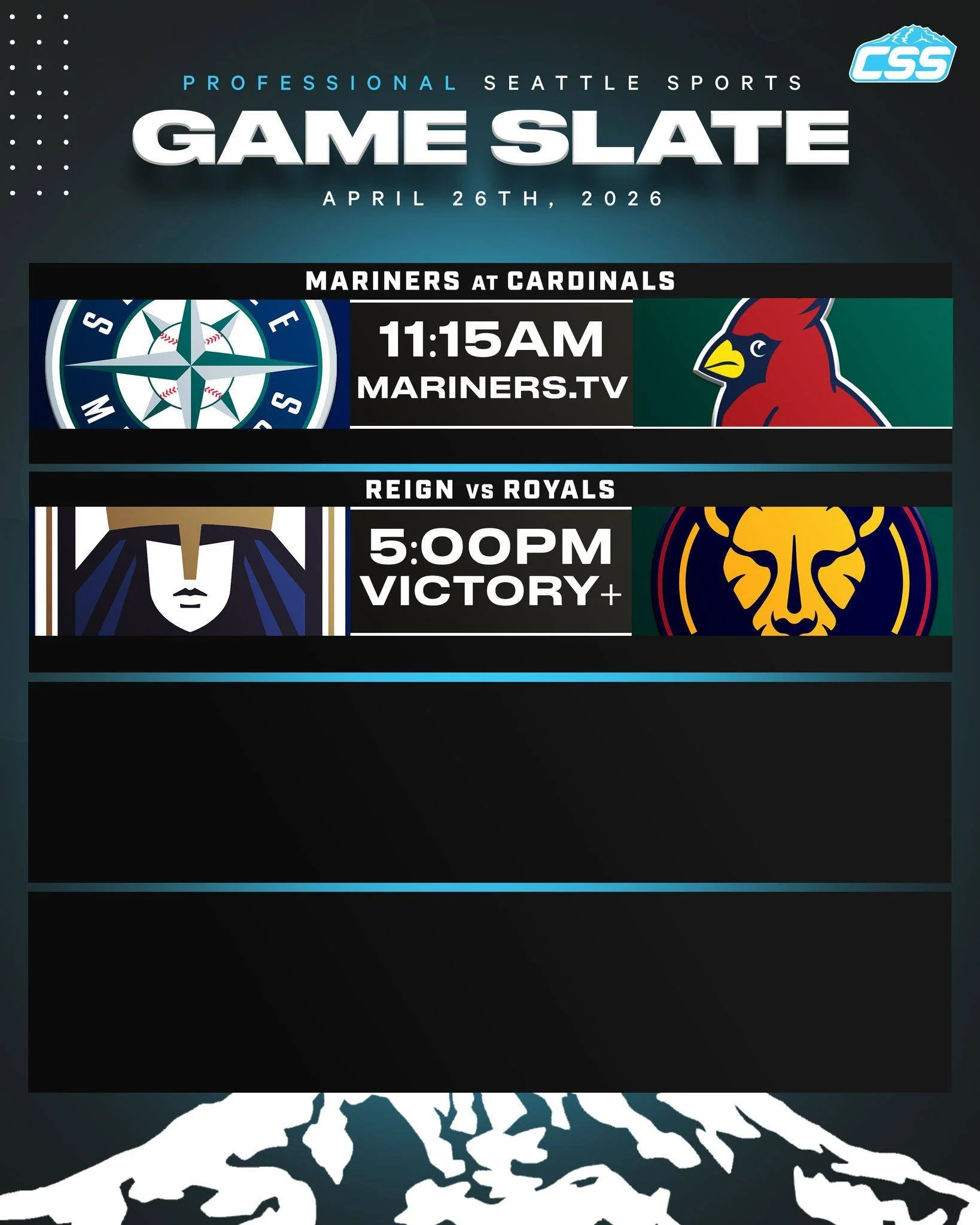 Two of Seattle's professional sports teams are in action on Sunday, April 26th, 2026⬇️

@mariners close out their weekend road series against the @cardinals!
@reignfc make their return to @lumenfield, hosting the @utahroyalsfc!

#SeattleSports #Tride