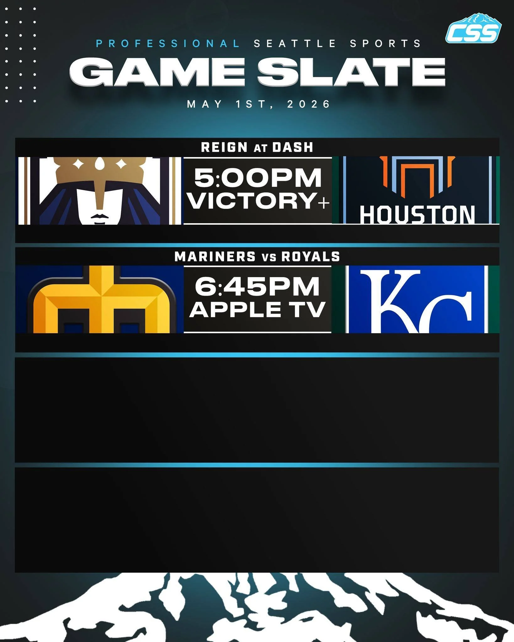 Two of Seattle's professional sports teams are in action on Friday, May 1st, 2026⬇️

@reignfc battle the @houstondash on the road!
@mariners begin a three-game home series against the @kcroyals!

#SeattleSports #SeattleReignFC #TridentsUp